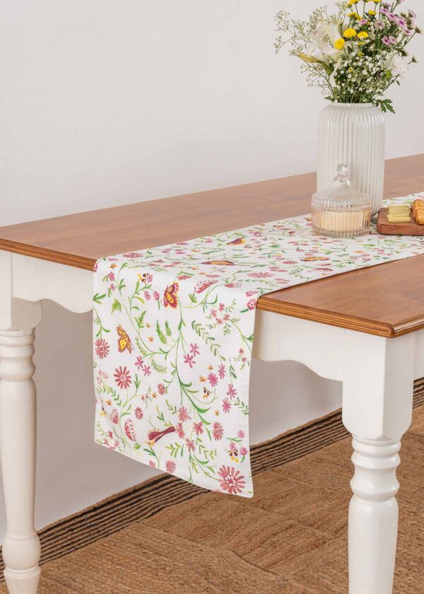 Whimsical Garden 100% cotton floral table runner for 4 seater or 6 seater Dining with tassels - multicolor