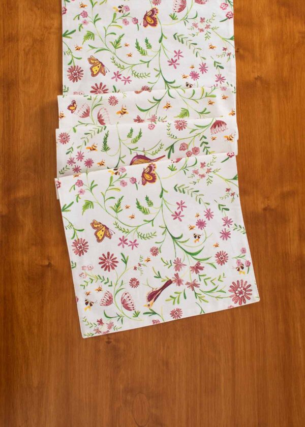 Whimsical Garden 100% cotton floral table runner for 4 seater or 6 seater Dining with tassels - multicolor