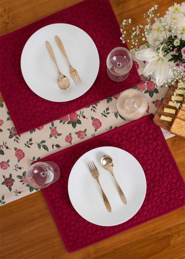 Wild Roses 100% cotton floral table runner for 4 seater or 6 seater Dining with tassels - Red