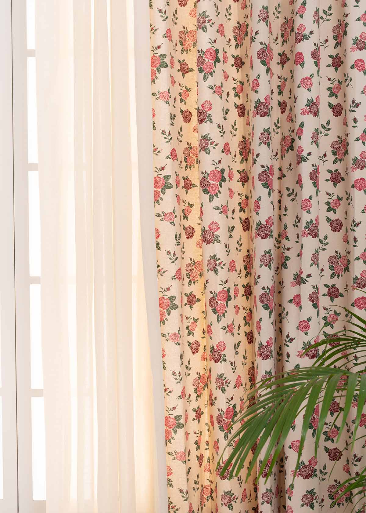 Wild Roses, Cream Sheer Set Of 4 Combo Cotton Curtain - Red And Cream