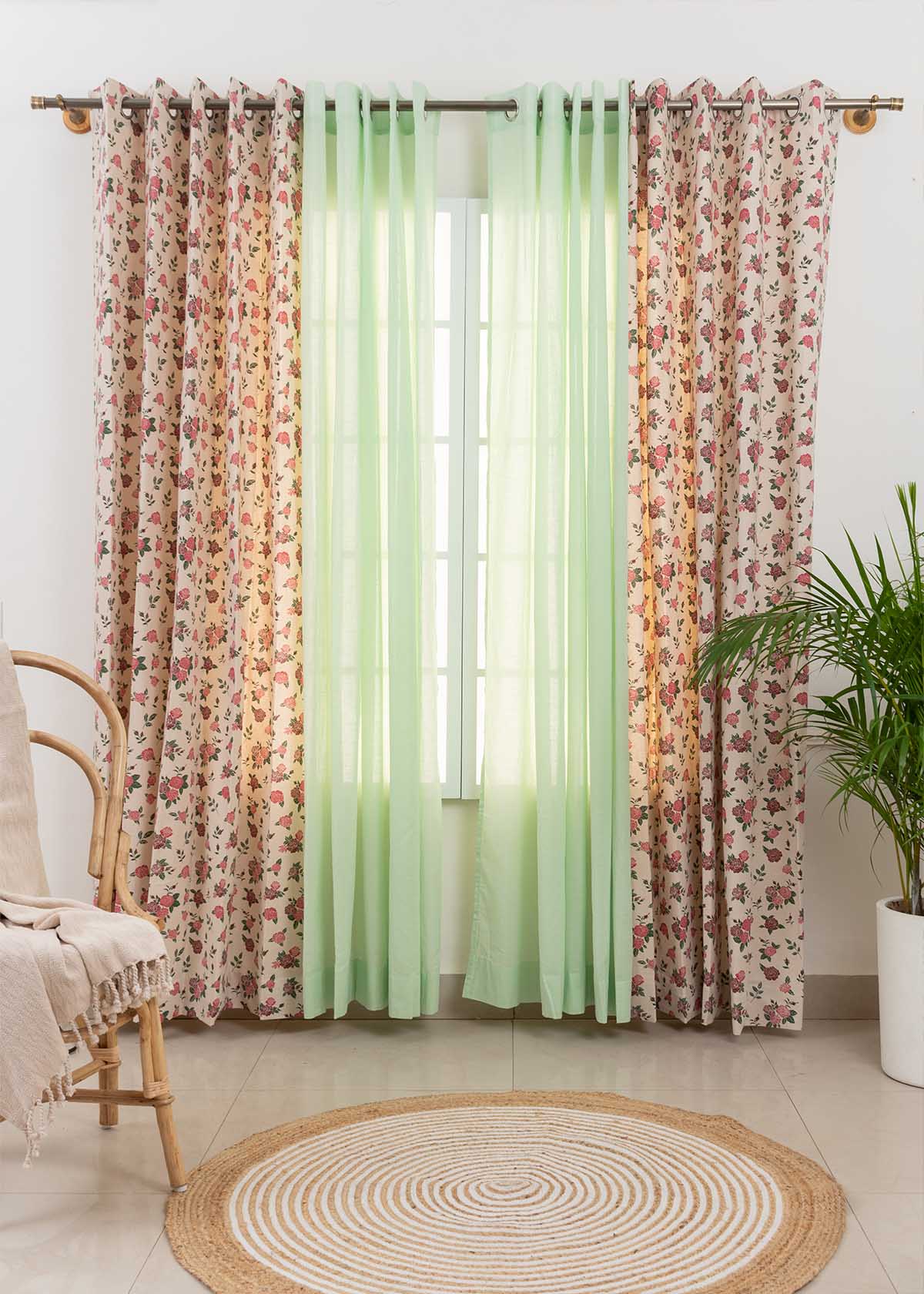 Wild Roses, Light Sage Green Sheer Set Of 4 Combo Cotton Curtain - Red And Green