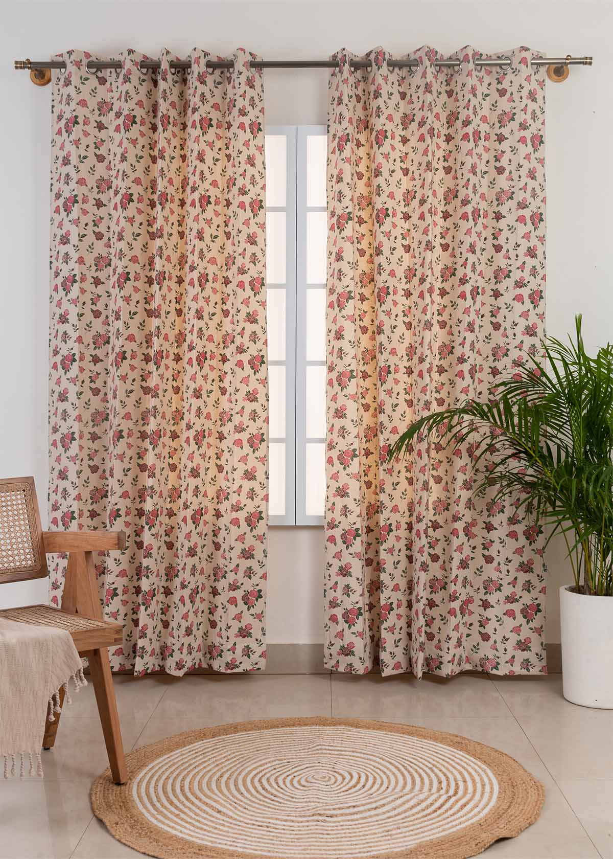 Wild Roses Printed Cotton Curtain - Rose