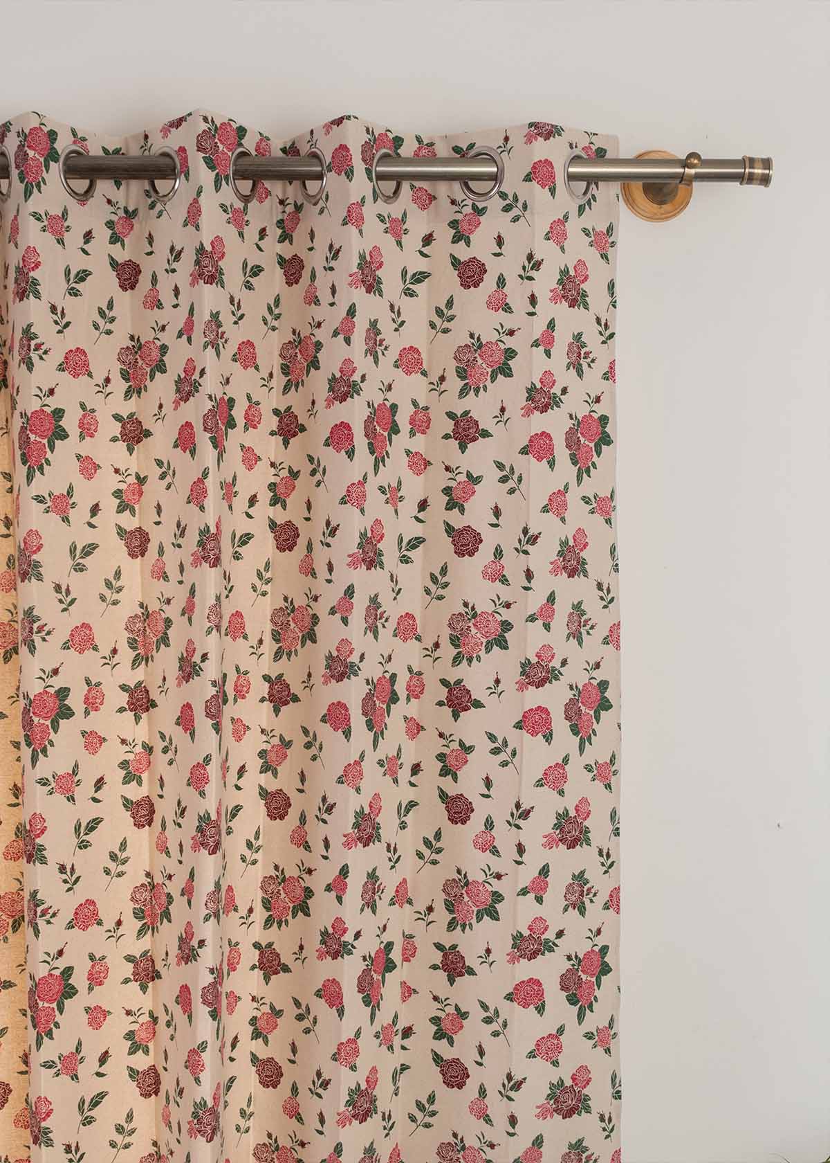 Wild Roses Printed Cotton Curtain - Rose