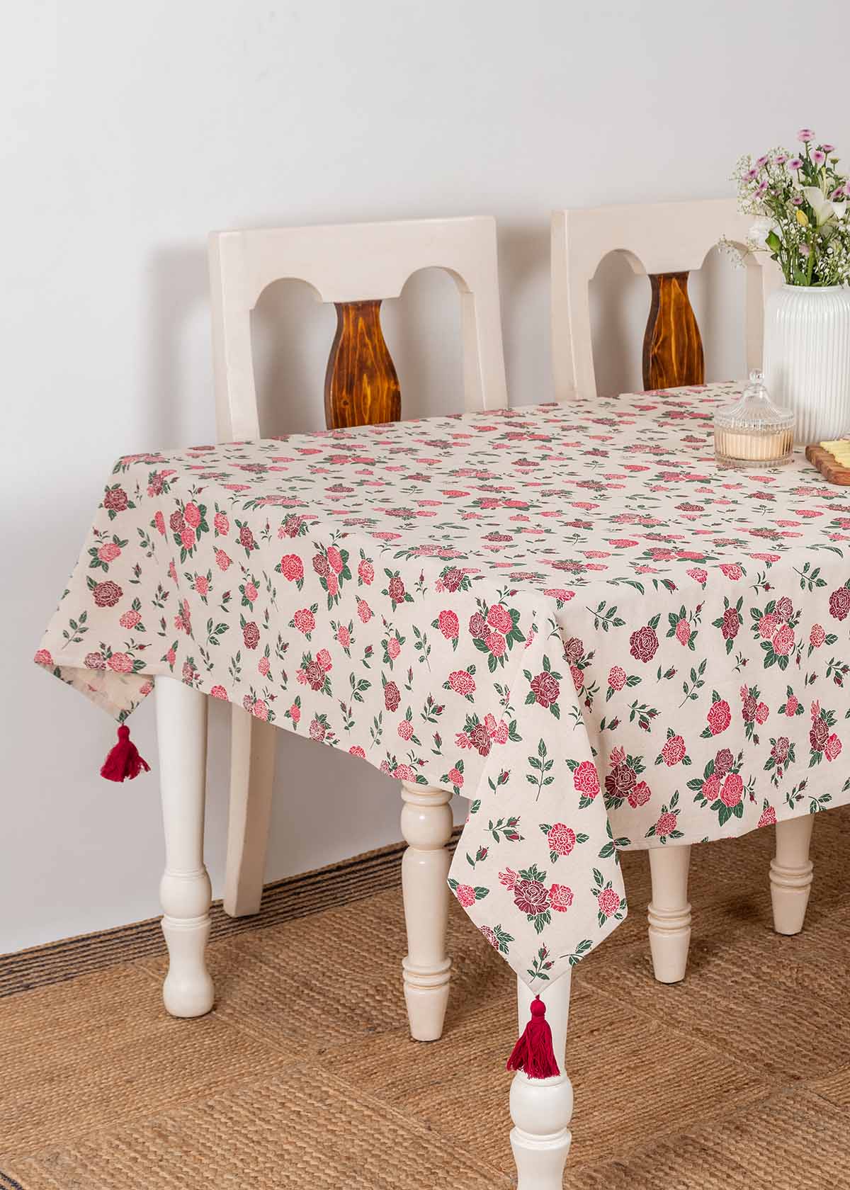 Wild Roses 100% cotton floral table cloth for 4 seater or 6 seater dining - Red