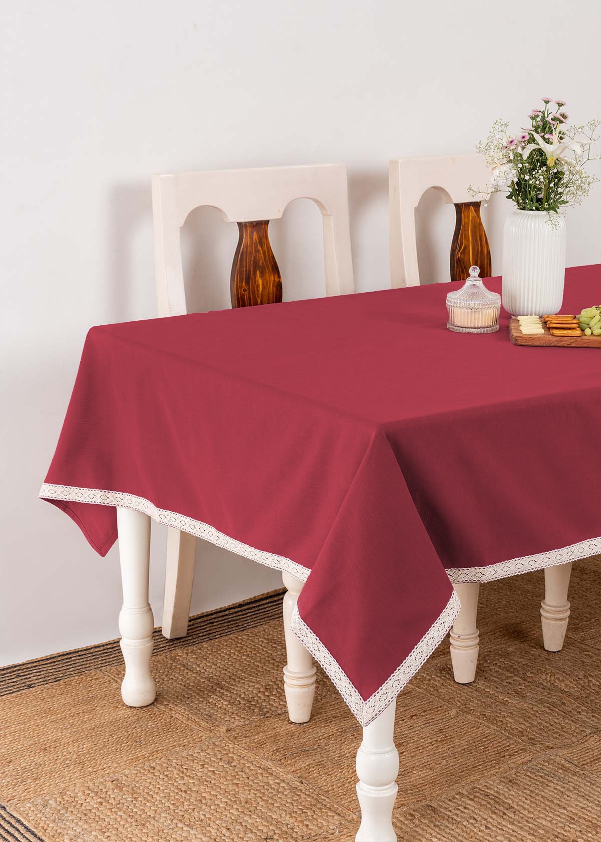 Solid Wine Red 100% cotton plain table cloth for 4 seater or 6 seater dining with lace border