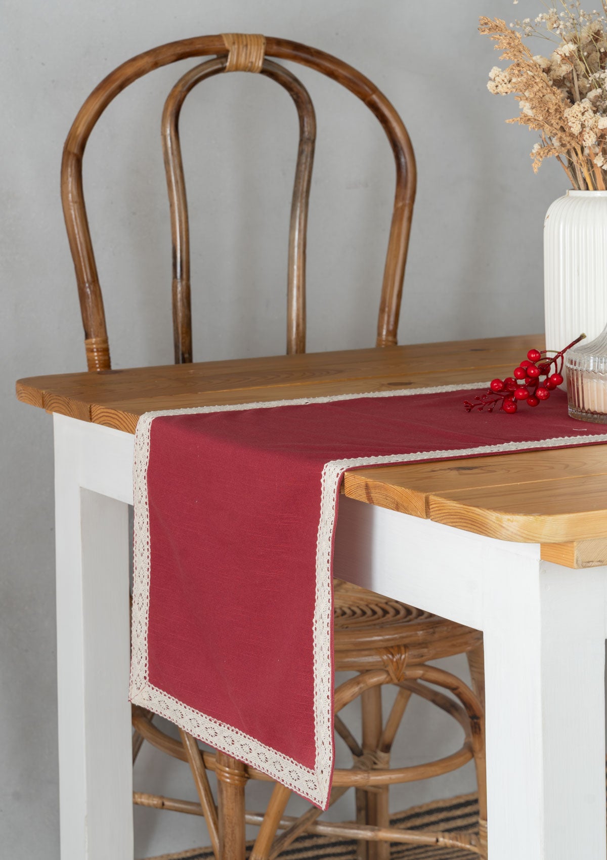 Solid wine red 100% cotton plain table runner for 4 seater or 6 seater dining with lace boarder - Wine red