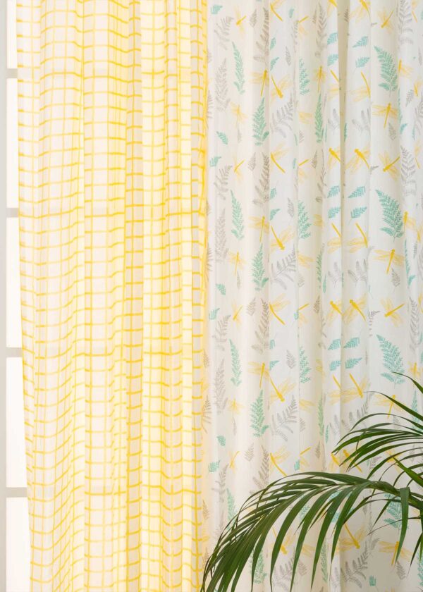 Winged Skies Yellow, Uneven Checks Yellow Sheer Set Of 4 Combo Cotton Curtain - Yellow Grey