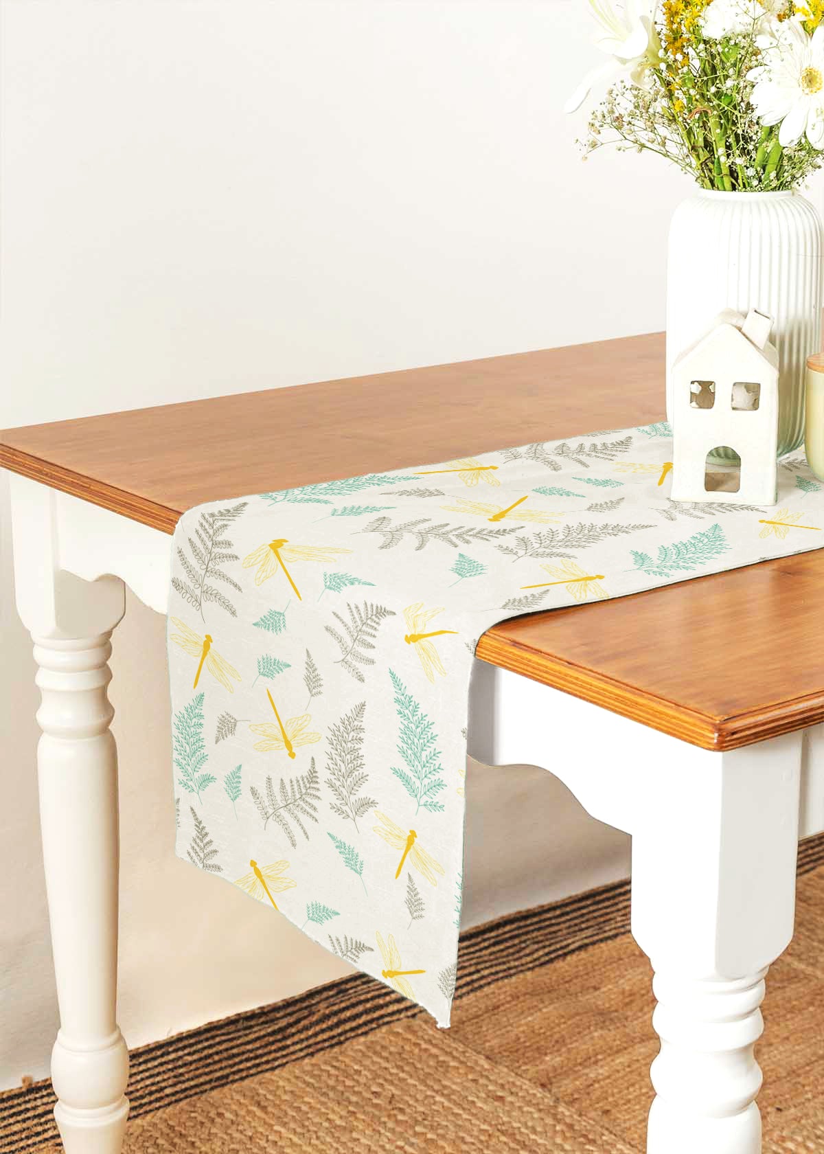 Winged Skies 100% cotton floral table runner for 4 seater or 6 seater Dining with tassels - Multicolor