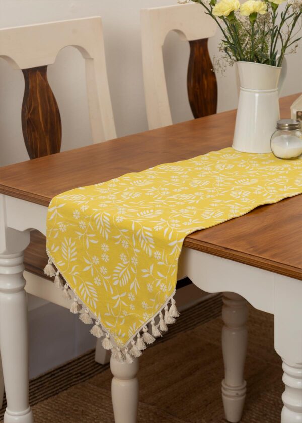 Yellow Daisy 100% cotton floral table runner for 4 seater or 6 seater Dining with tassels - Yellow