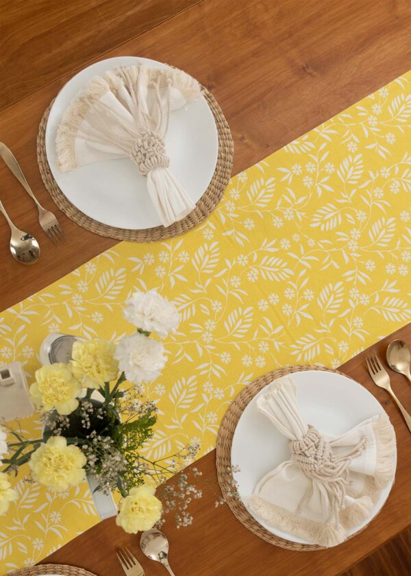 Yellow Daisy 100% cotton floral table runner for 4 seater or 6 seater Dining with tassels - Yellow