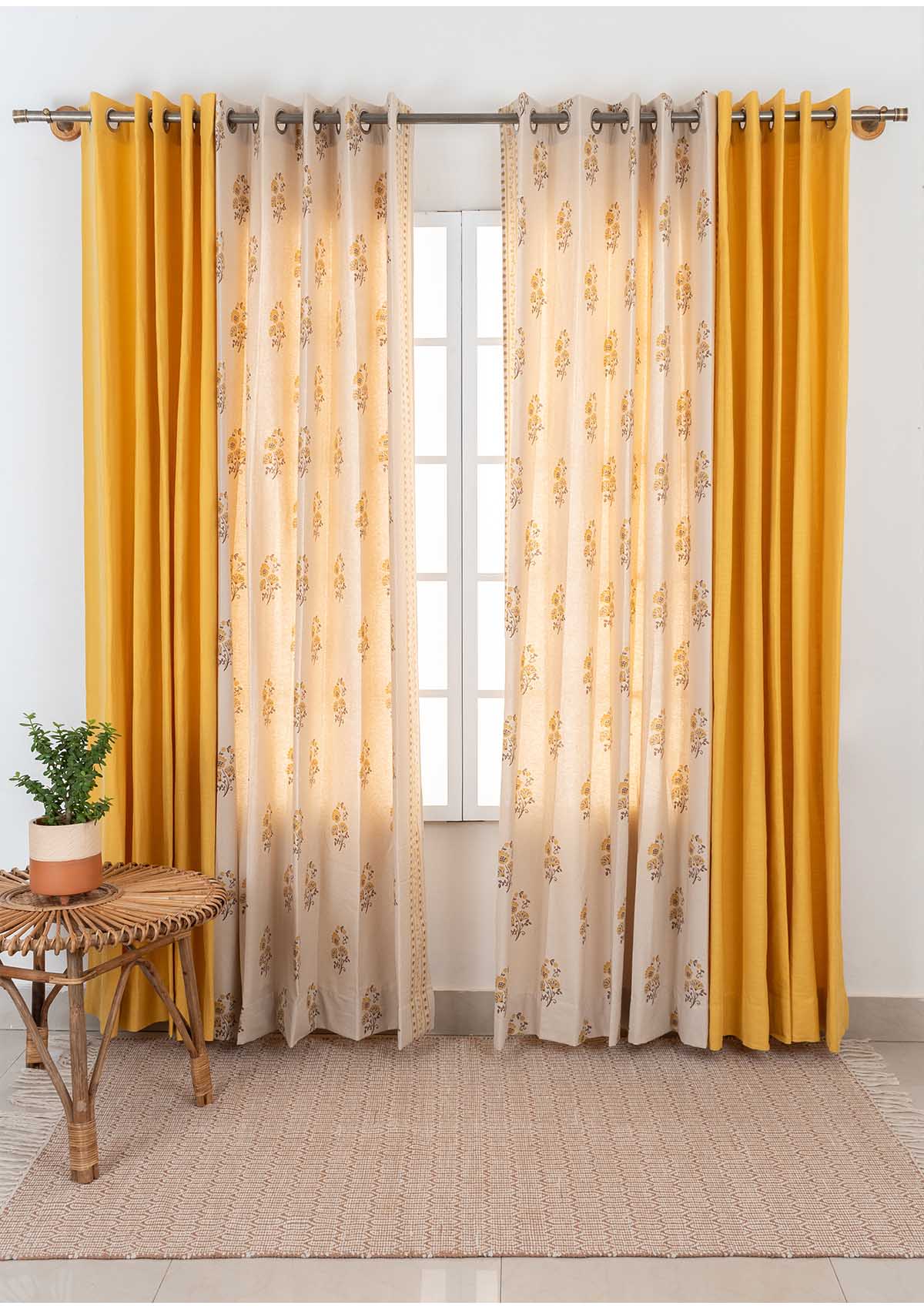 Indus with Mustard Set of 4 Combo Cotton Curtain  - Mustard