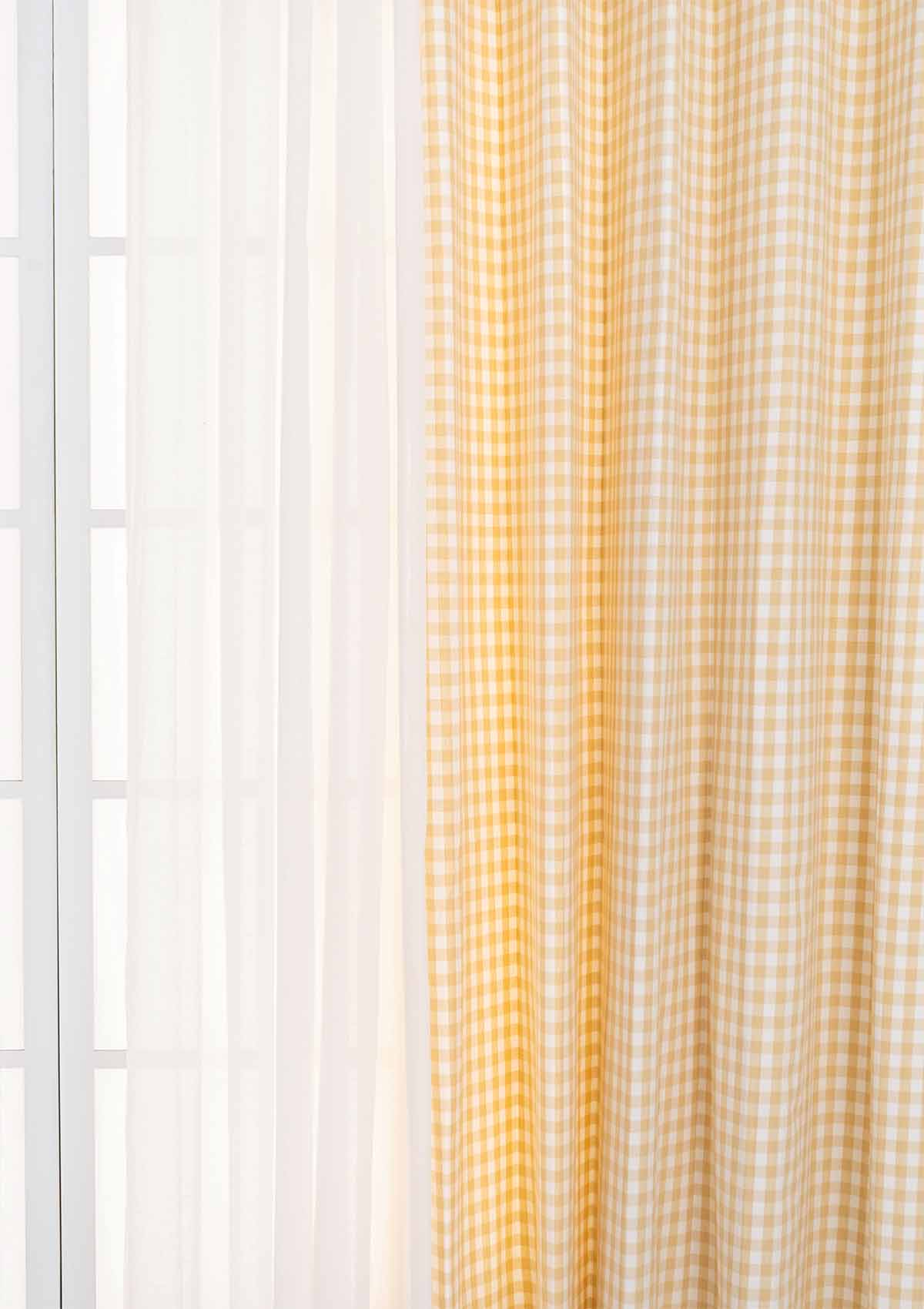 Ivory Gingham with Warm White Sheer Set Of 2 Combo Cotton Curtain  - Ivory