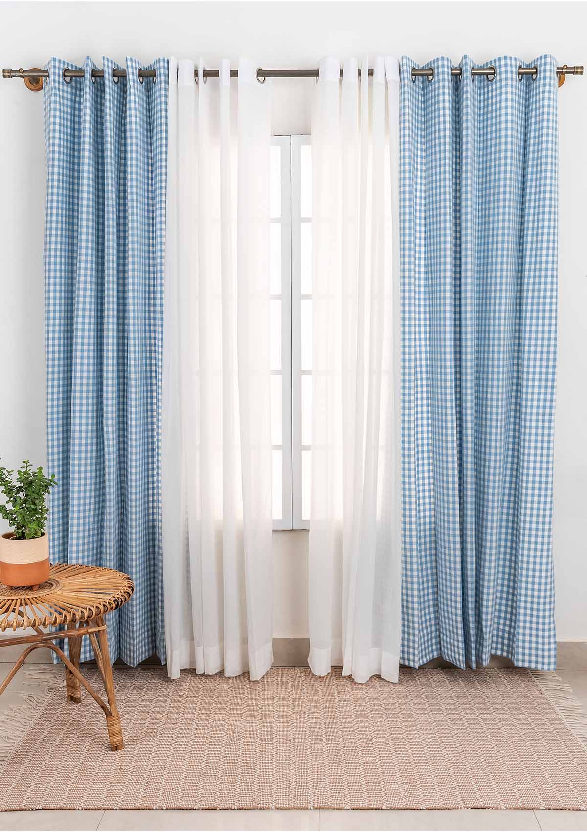 Powder Blue Gingham with Warm White Sheer Set Of 2 Combo Cotton Curtain  - Blue and White