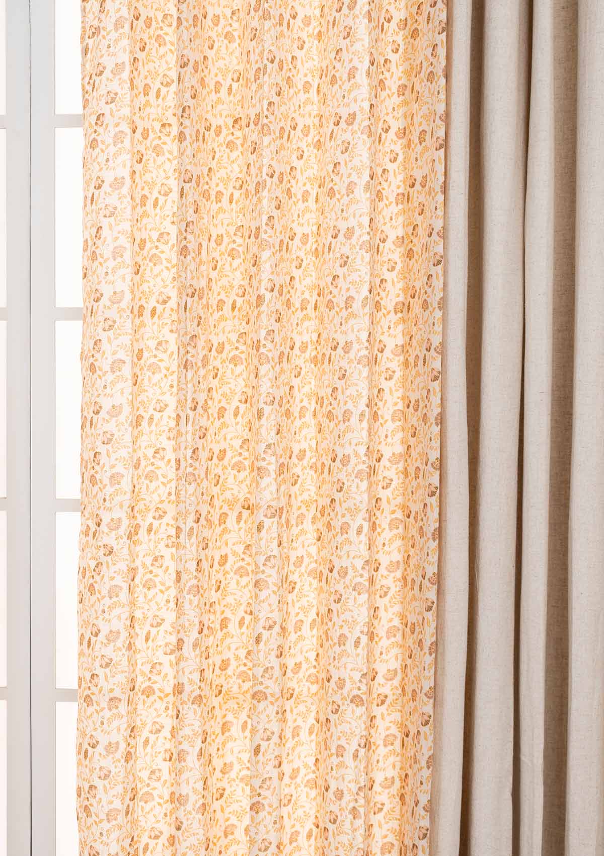 Linen with Calico Sheer Set Of 4 Combo Cotton Curtain  - Beige