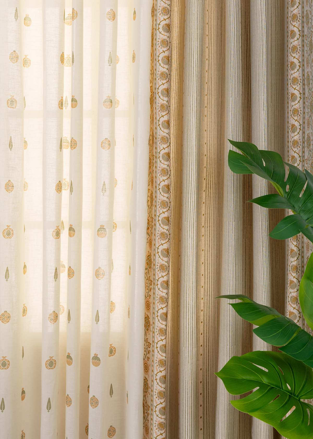 Anora Printed Cotton Light Reduction & Madhuram Printed Sheer Light Filtering | Green & Beige | 100% Cotton for Living Room & Bedroom | Ethnic | Combo Curtains | Pack of 4