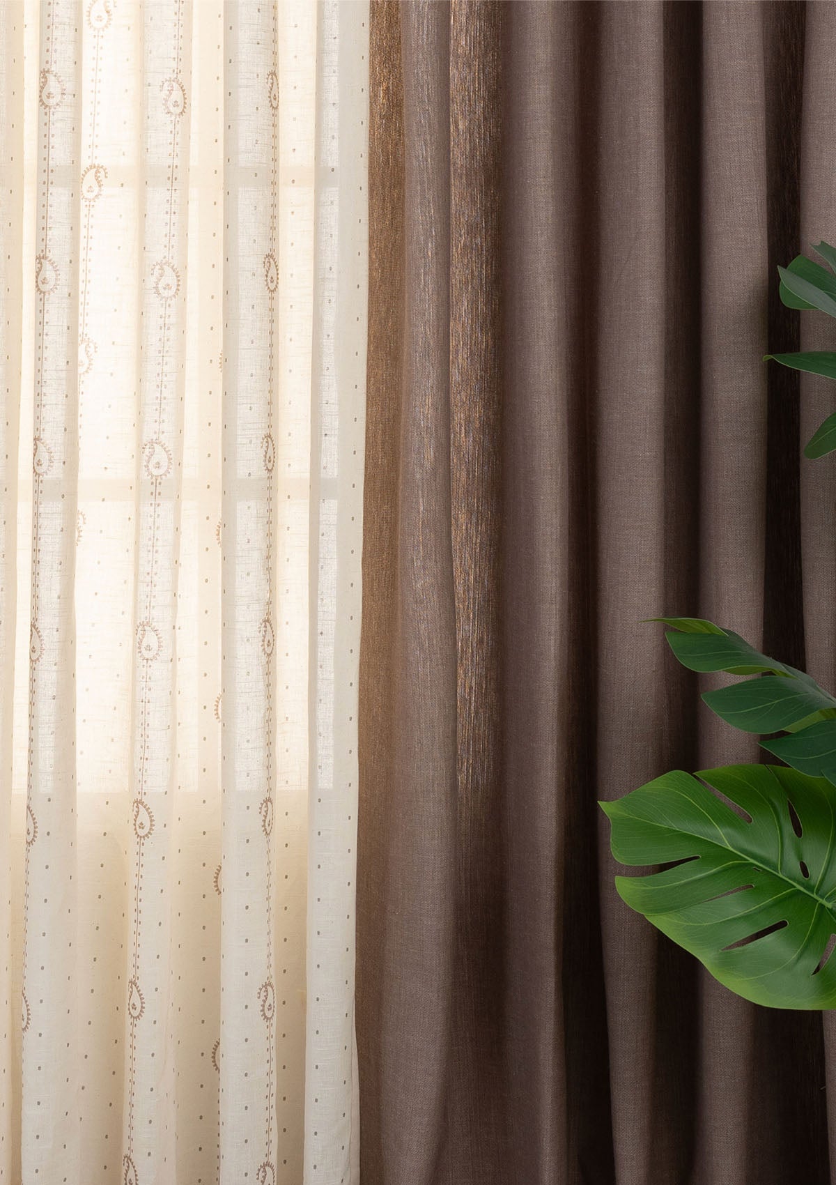 Fig Solid Linen Textured Room Darkening & Ambi Printed Sheer Light Filtering | Brown & Grey | 100% Cotton for Living Room & Bedroom | Ethnic | Combo Curtains | Pack of 4