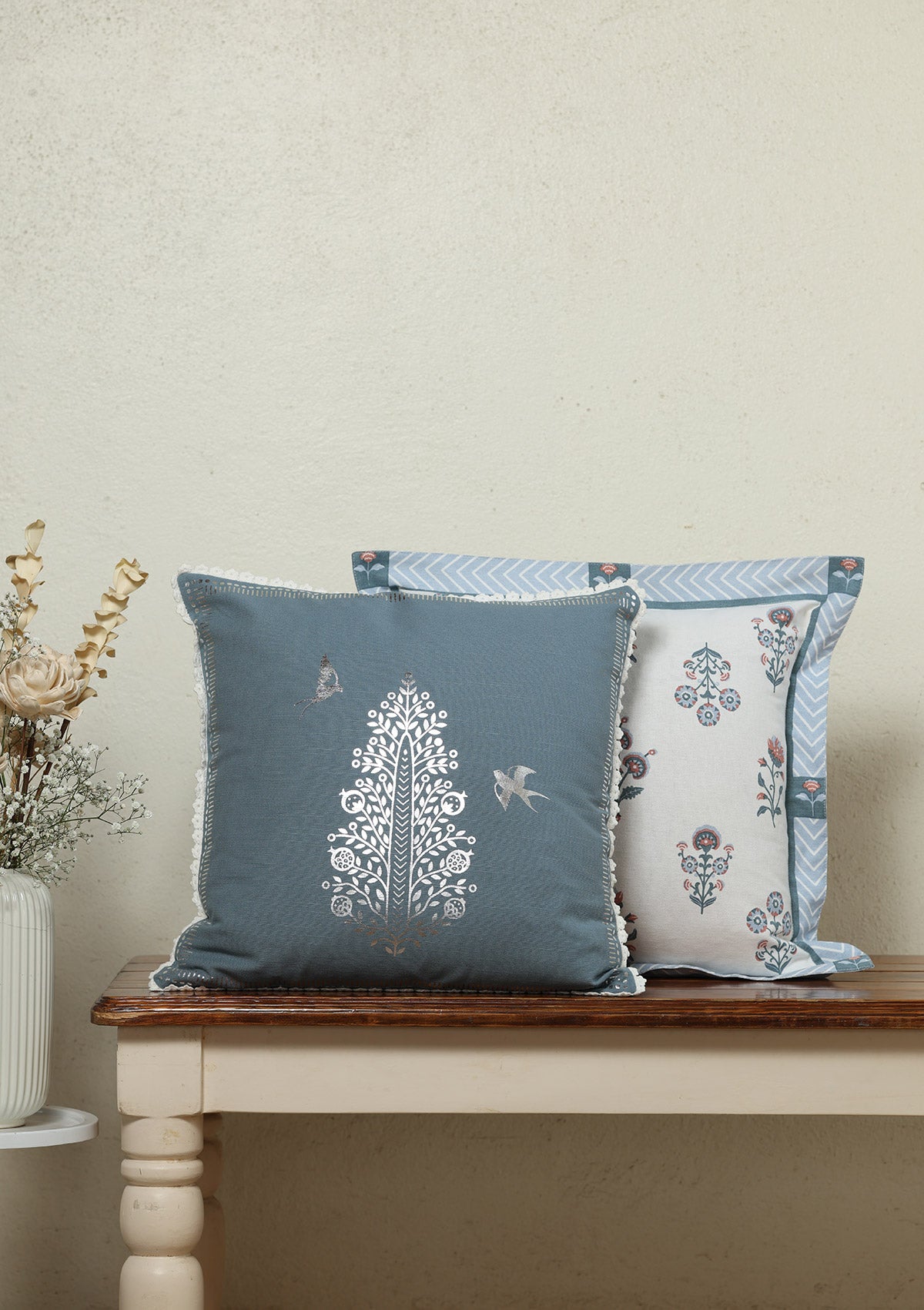 Ivan & Montrose Blue | Foil Silver Printed Floral | 100% Cotton Cushion Cover For Sofa | Pack of 2