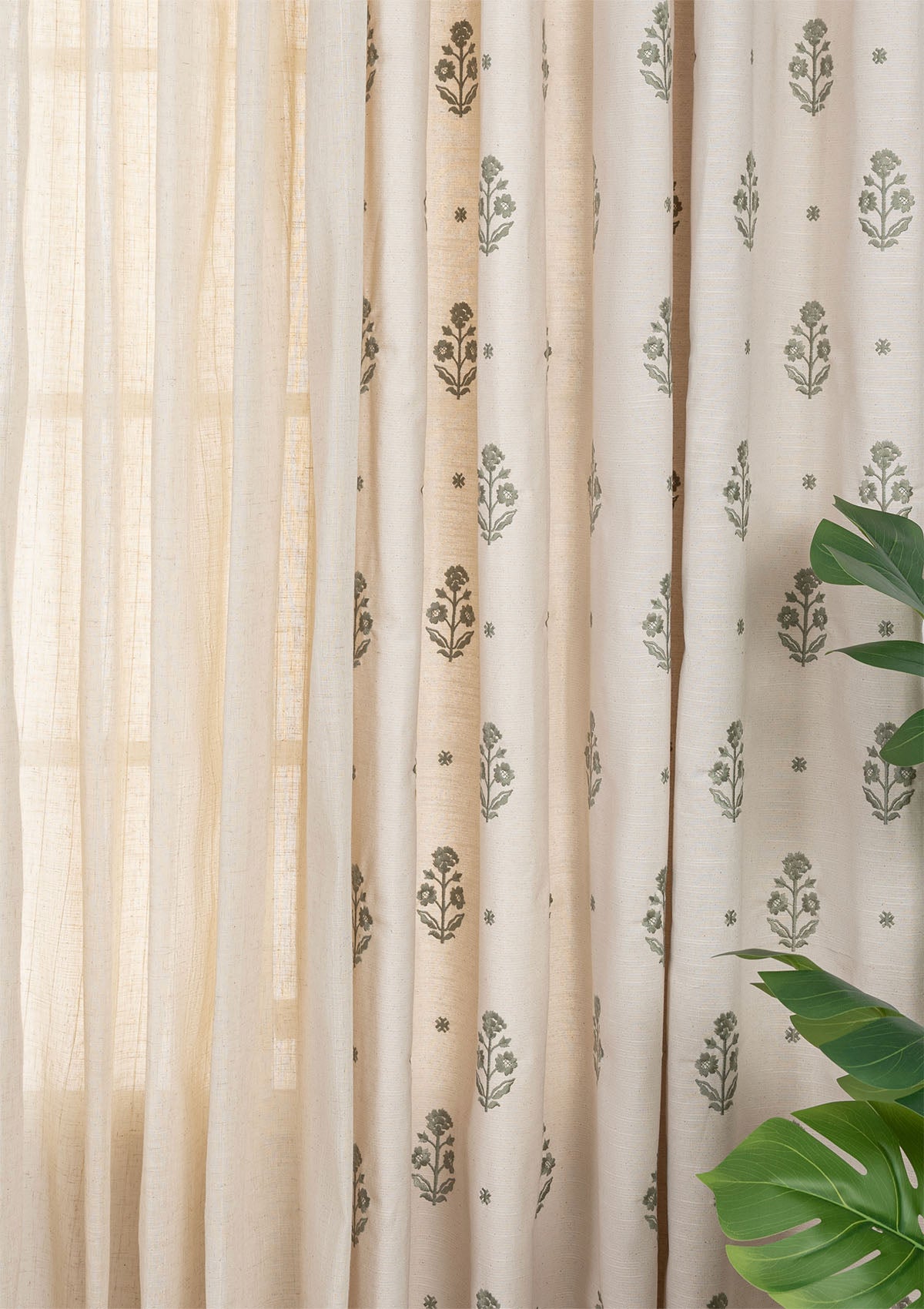 Juhi Embroidered Cotton Light Reduction & Husk Stripped Linen Sheer Light Filtering | Green & Beige | 100% Cotton for Living Room & Bedroom | Floral & Neutral  | Combo Curtains | Pack of 4