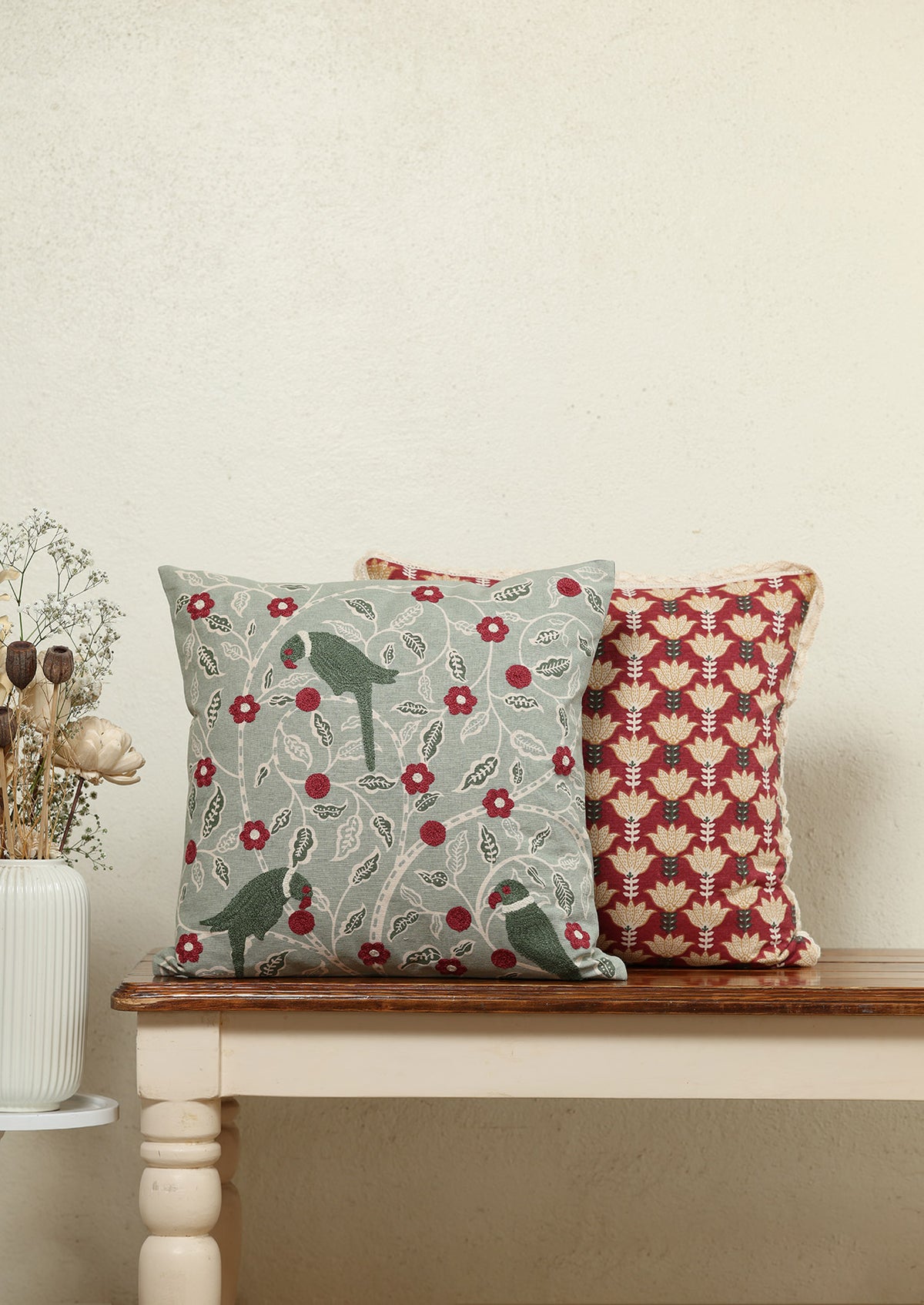 Khera & Rohida Green & Red | Embroidered Printed Floral | 100% Cotton Cushion Cover For Sofa | Pack of 2