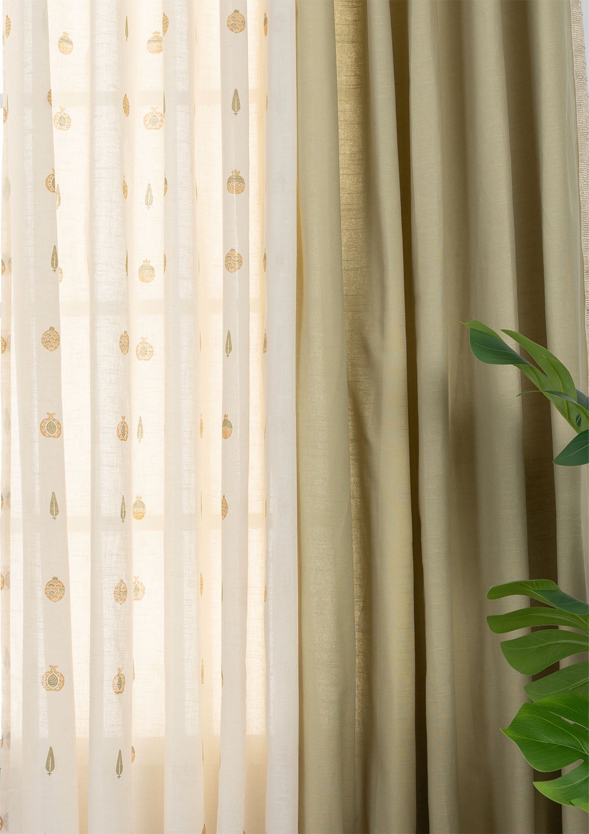 Kinari Textured Cotton Room Darkening & Madhuram Printed Sheer Light Filtering | Green & Beige | 100% Cotton for Living Room & Bedroom | Ethnic | Combo Curtains | Pack of 4