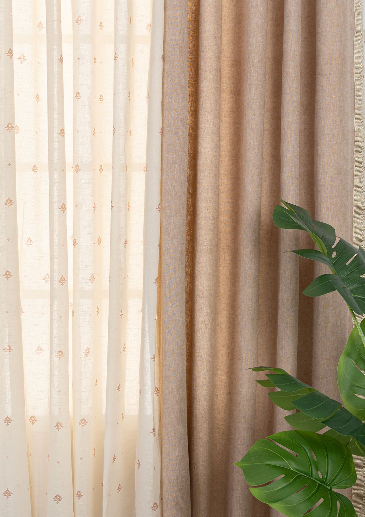 Kinari Linen Textured Room Darkening & Cava Printed Sheer Light Filtering | Pink & Rust | 100% Cotton for Living Room & Bedroom | Ethnic & Minimal | Combo Curtains | Pack of 4