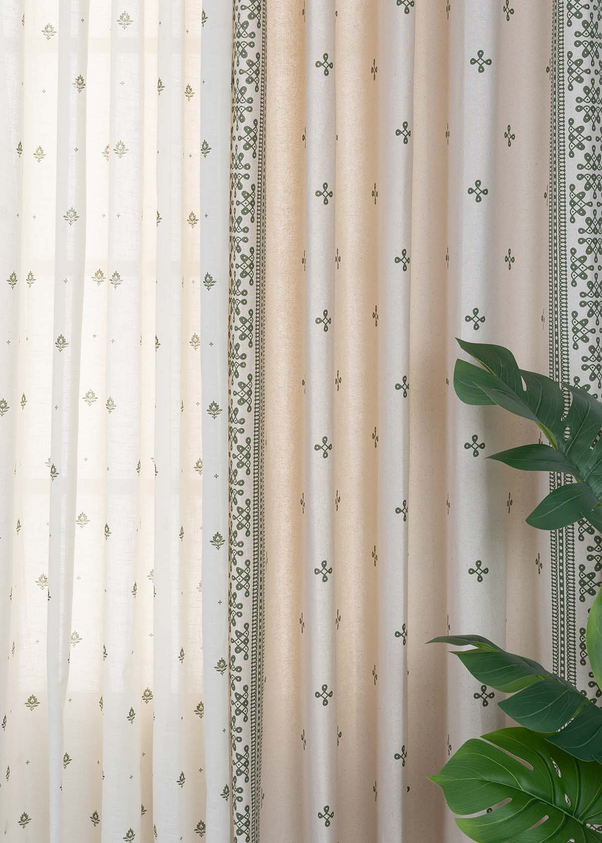 Kolam Printed Cotton Light Reduction & Cava Printed Sheer Light Filtering |  Pepper Green | 100% Cotton for Living Room & Bedroom | Minimal | Combo Curtains | Pack of 4