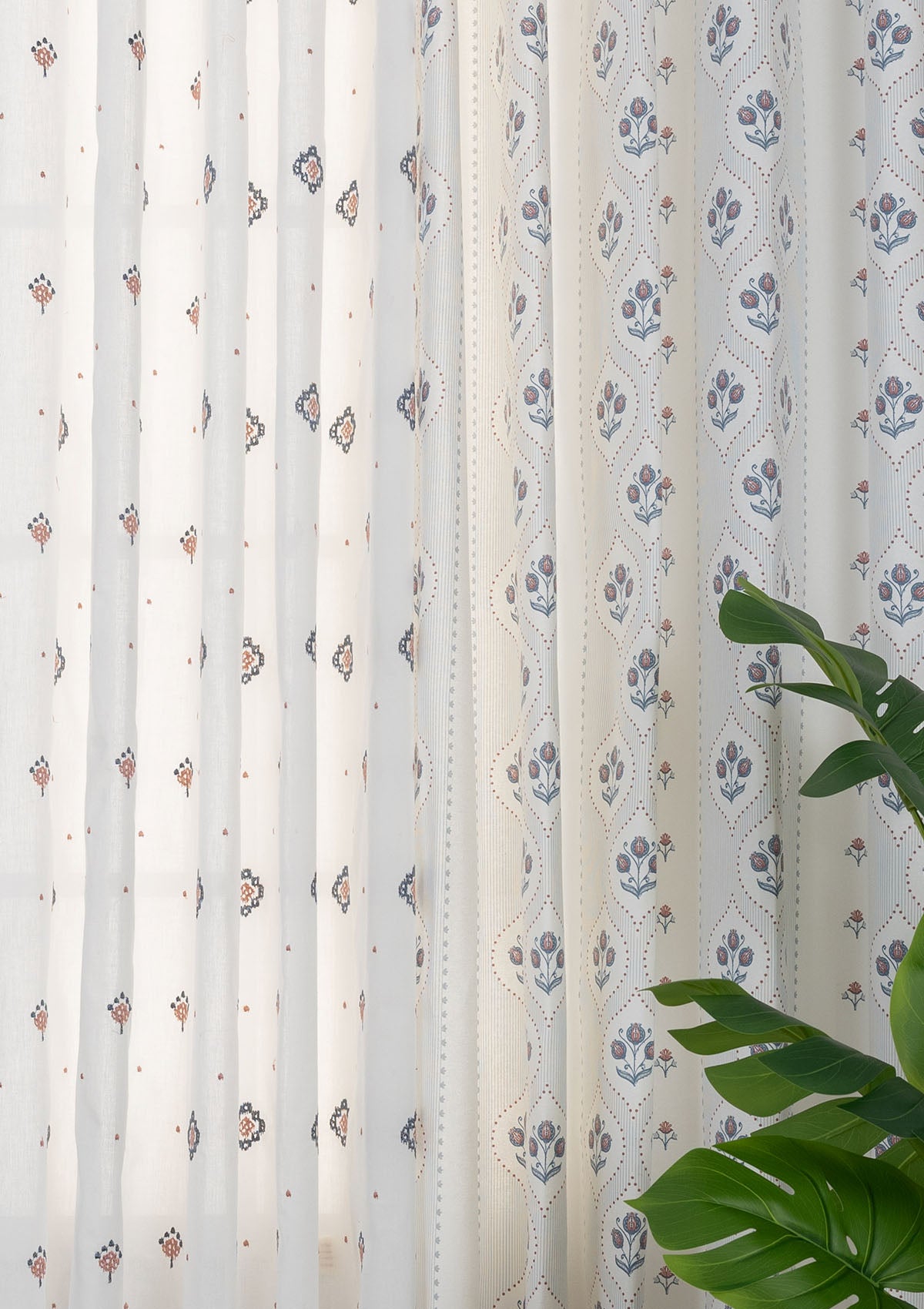 Meher Printed Cotton Light Reduction & Ira Embroidered Sheer Light Filtering | Blue & Pink | 100% Cotton for Living Room & Bedroom | Floral & Ethnic | Combo Curtains | Pack of 4