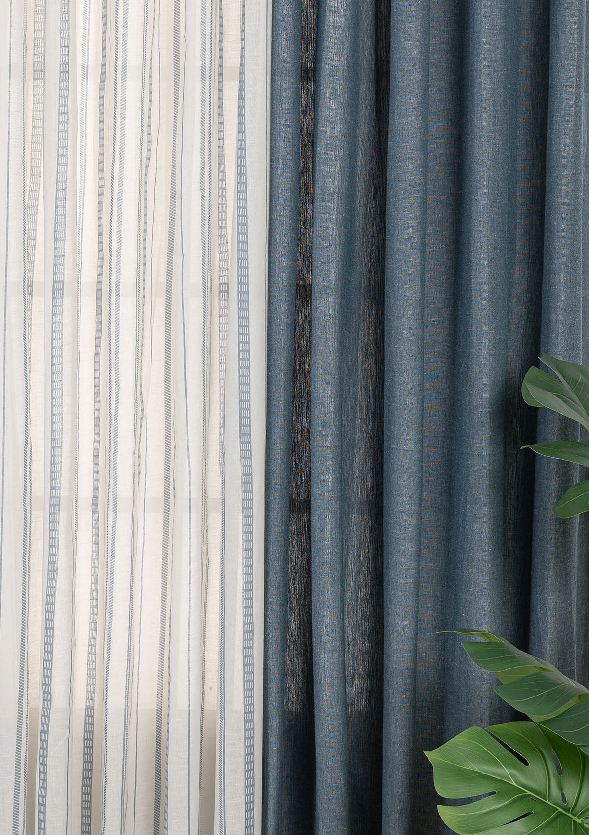 Nilgiri Solid Textured Linen Room Darkening & Still Water Printed Sheer Light Filtering | Nilgiri Blue & Mist Blue | 100% Cotton for Living Room & Bedroom | Geometric | Combo Curtains | Pack of 4