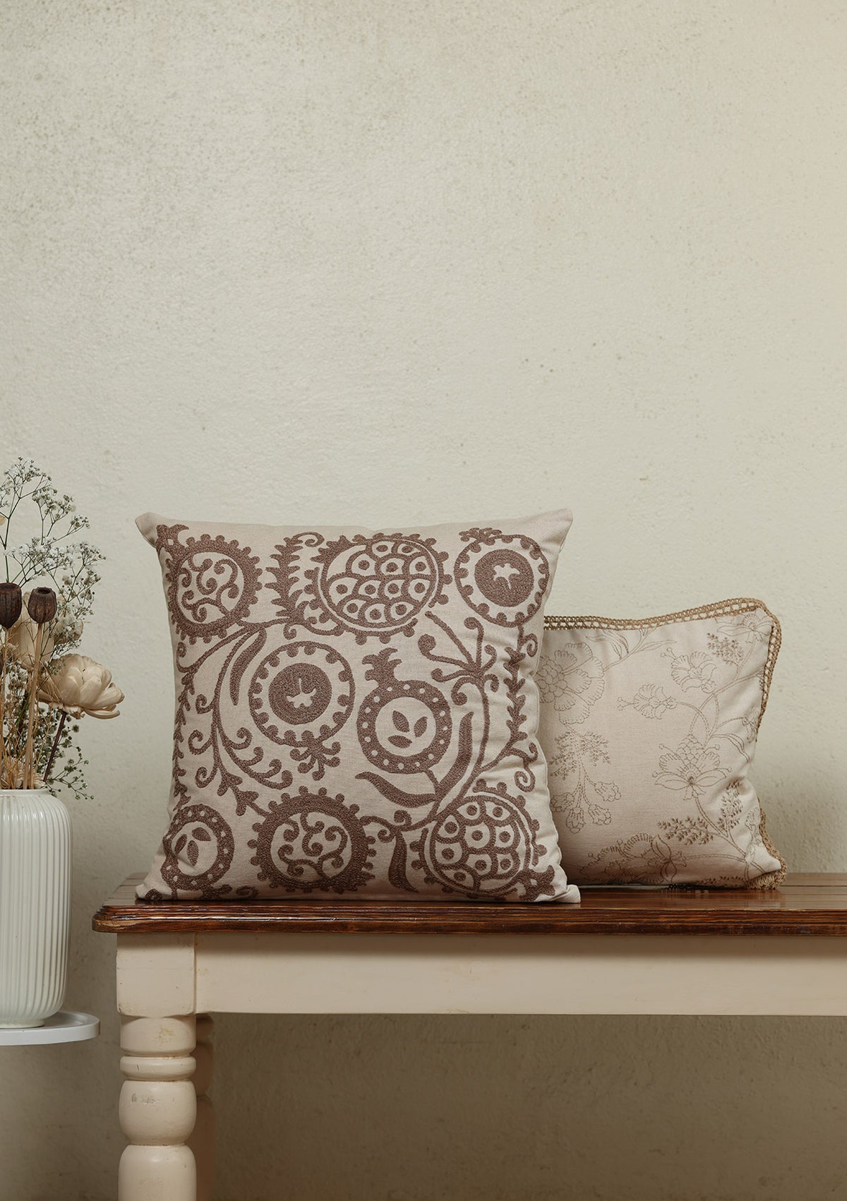 Ruby & Mukta Brown & Beige| Embroidered Neutral | 100% Cotton Cushion Cover For Sofa | Pack of 2