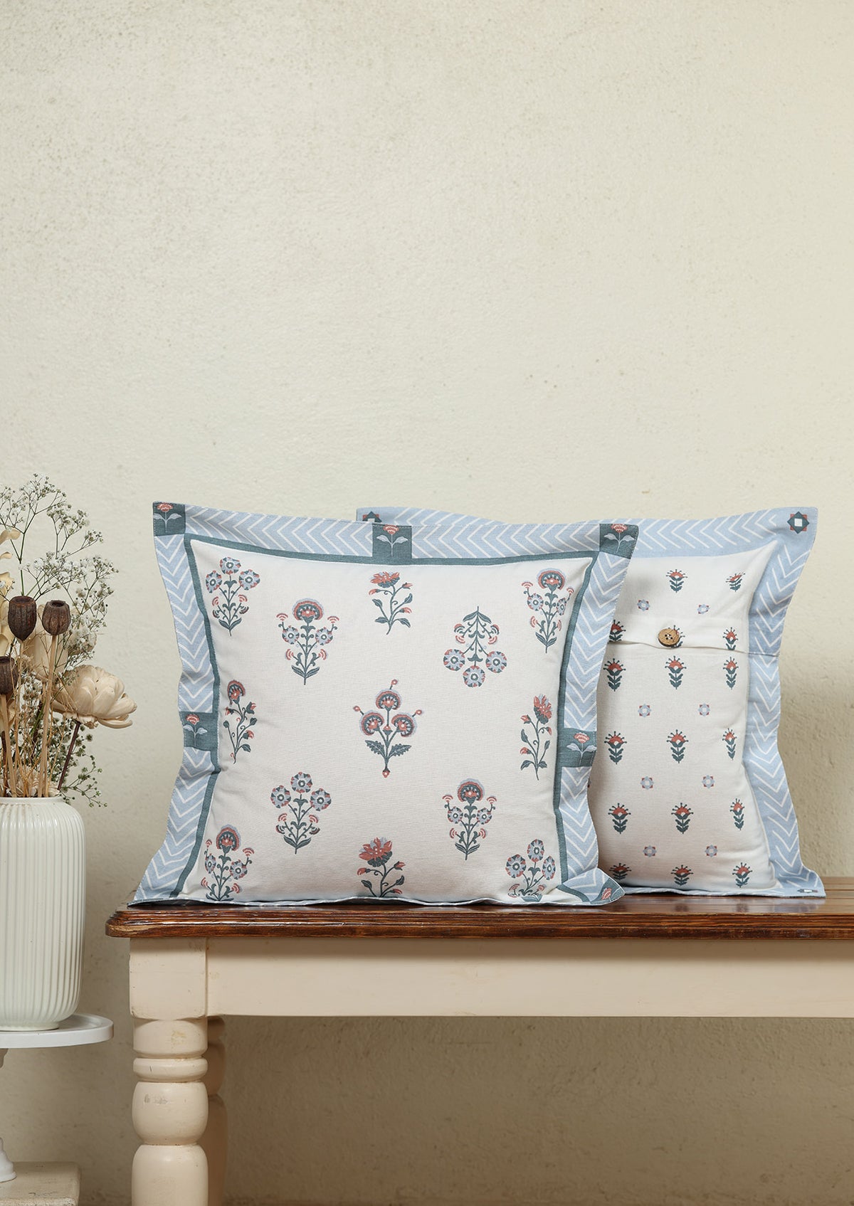 Montrose Blue | Printed Floral |100% Cotton Combo Cushion Cover For Sofa | Set of 2
