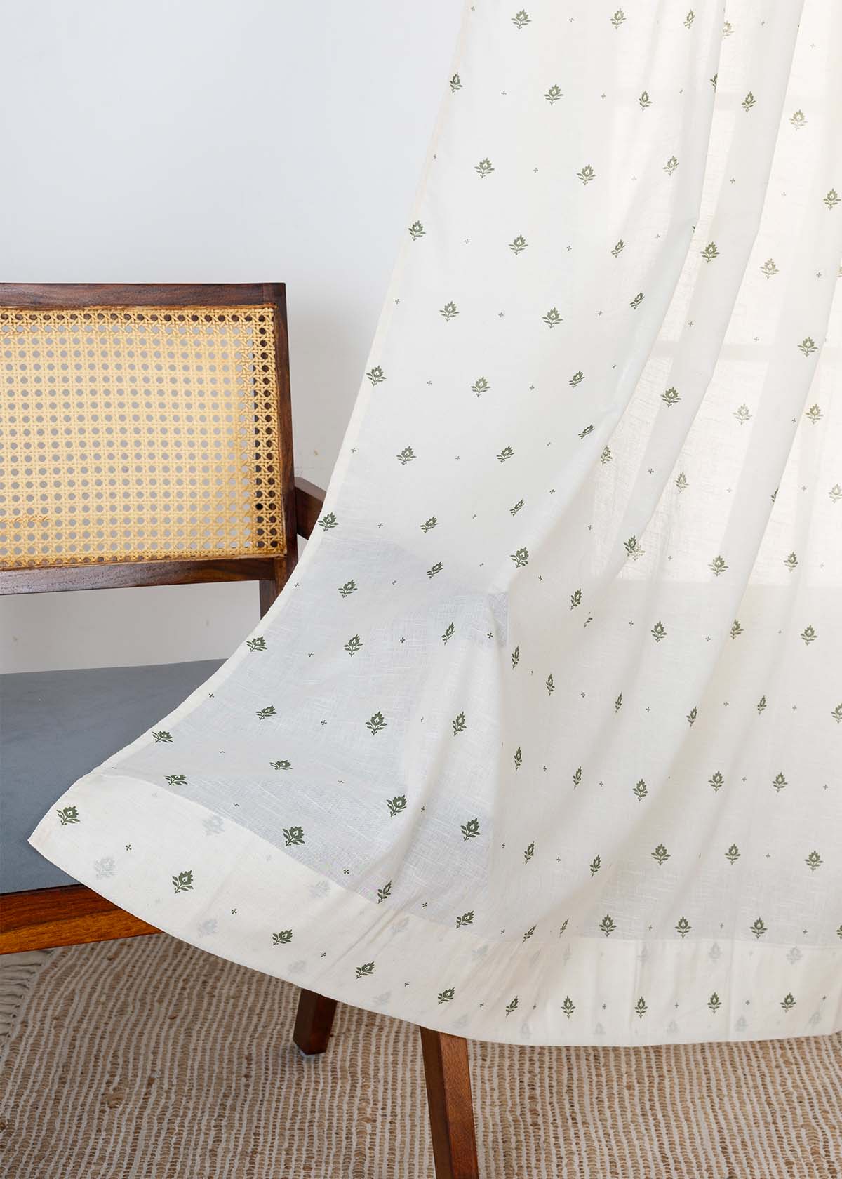 Cava Pepper Green Minimal 100% Cotton Sheer Printed Curtain For Livingroom / Bedroom | Light Filtering | Single Piece