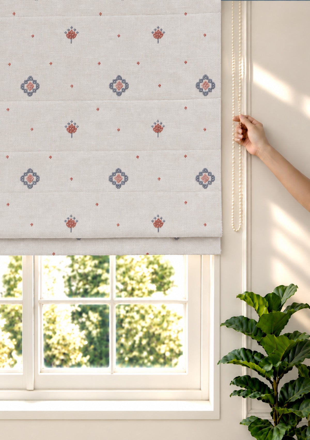 Ira Pink & Blue Ethnic 100% Cotton Sheer Embroidered Blind For Livingroom / Bedroom | Light Filtering