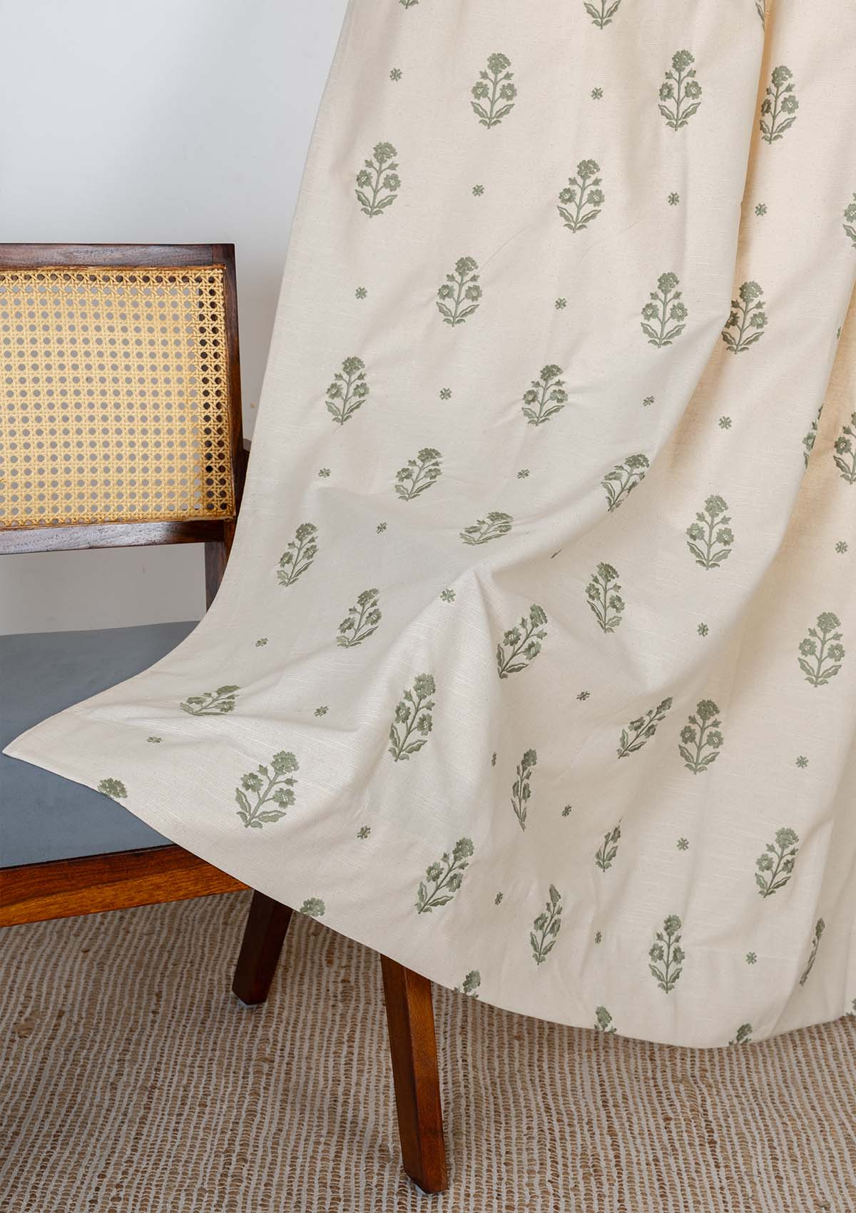 Juhi Green Floral 100% Cotton Embroidered Curtain For Livingroom / Bedroom | Light Reduction | Single Piece