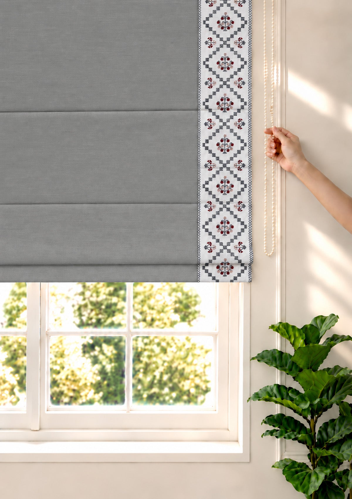 Ketaki Ultimate Grey & Blue Geometric 100% Cotton Embroidered Blind For Livingroom / Bedroom | Room Darkening