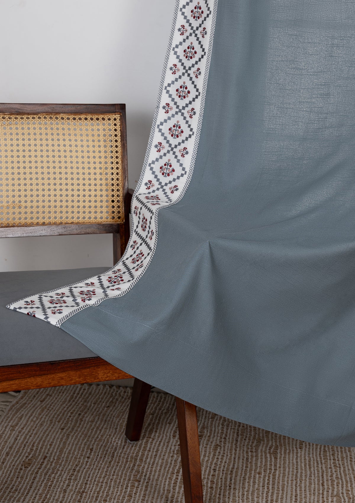 Ketaki Nilgiri Blue & Pink Geometric Linen Cotton Blend Embroidered Curtain For Livingroom / Bedroom | Room Darkening | Single Piece