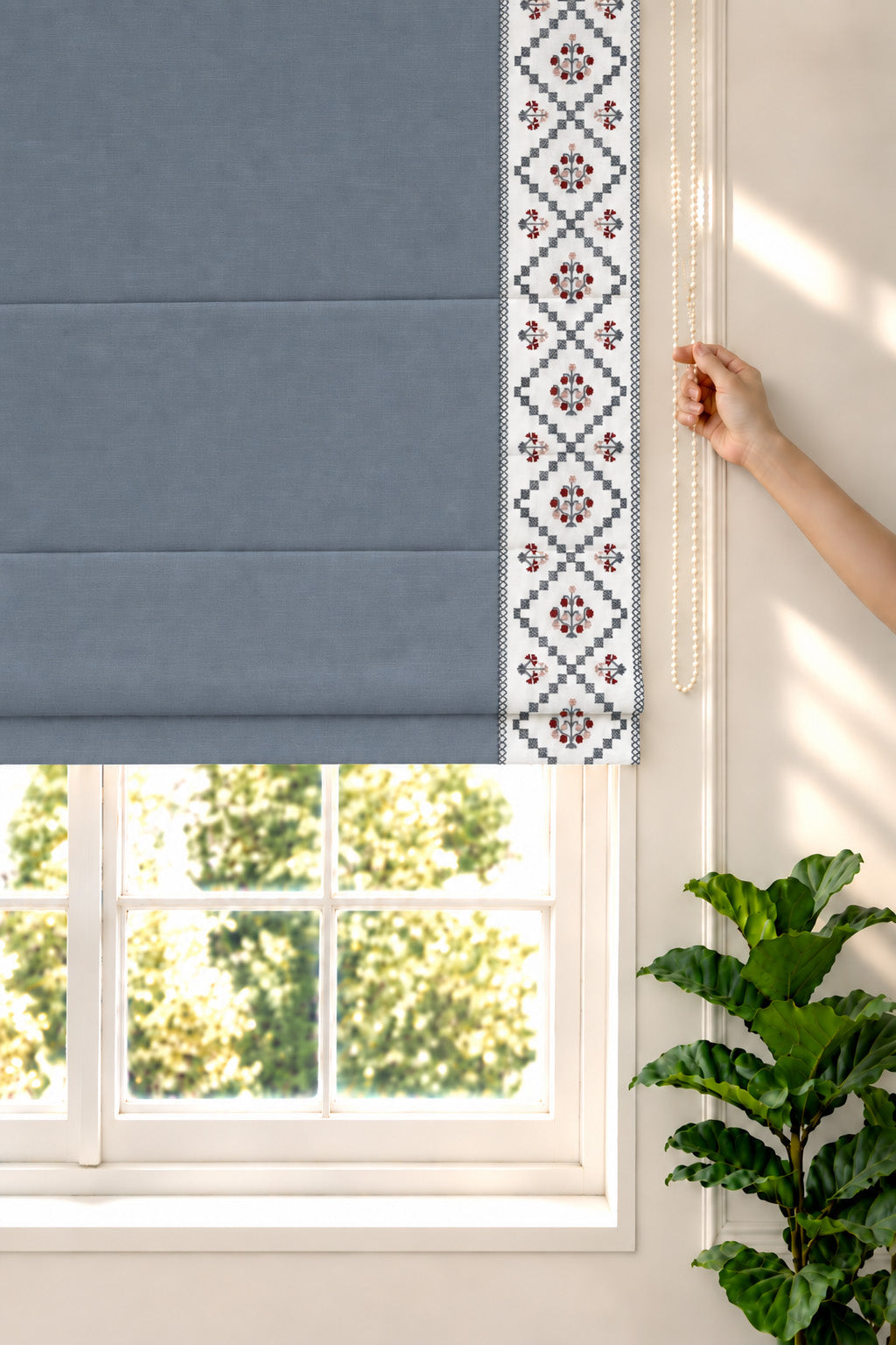 Ketaki Mist Blue & Pink Geometric 100% Cotton Embroidered Blind For Livingroom / Bedroom | Room Darkening