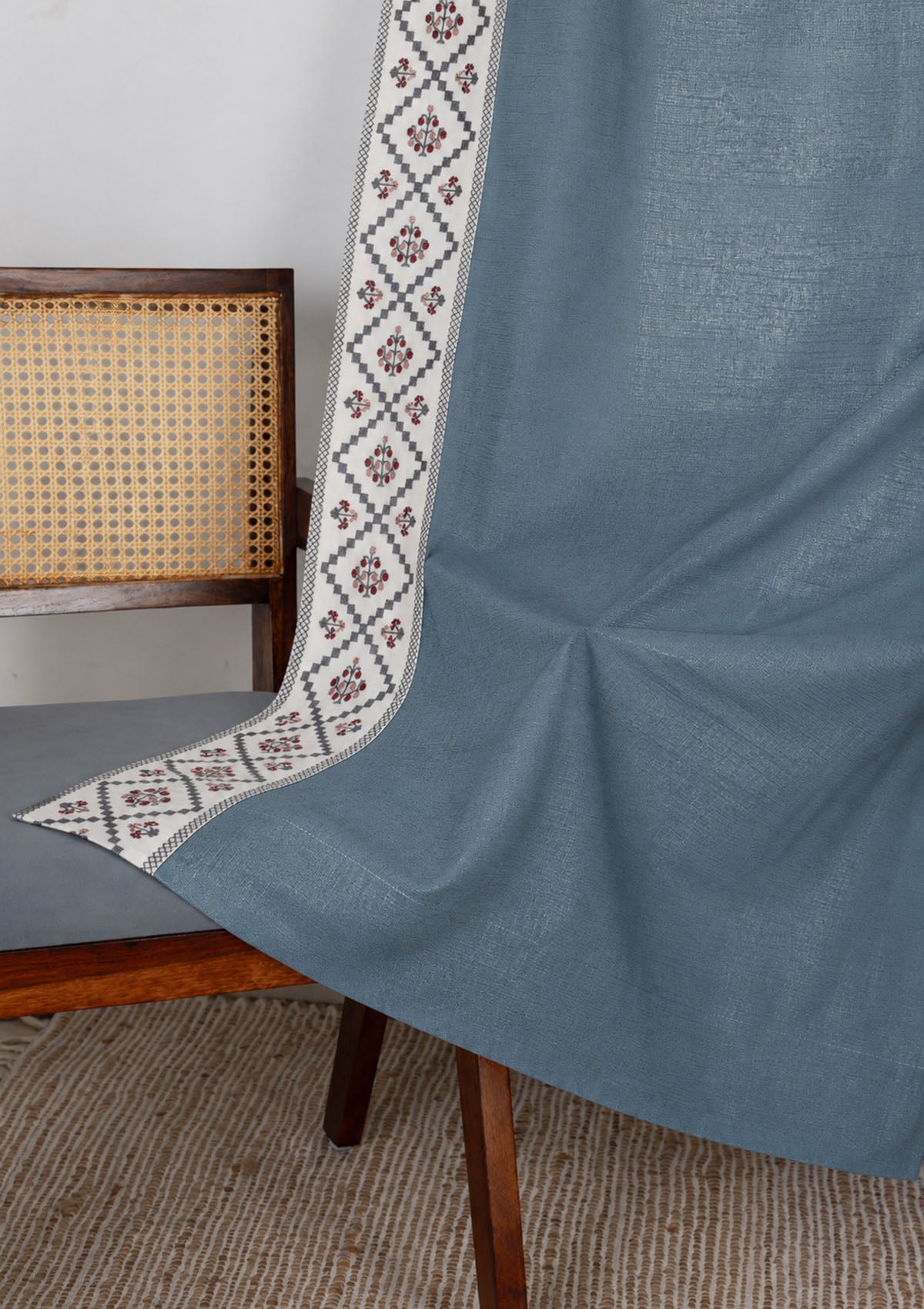 Ketaki Nilgiri Blue & Pink Geometric Linen Cotton Blend Embroidered Curtain For Livingroom / Bedroom | Room Darkening | Single Piece