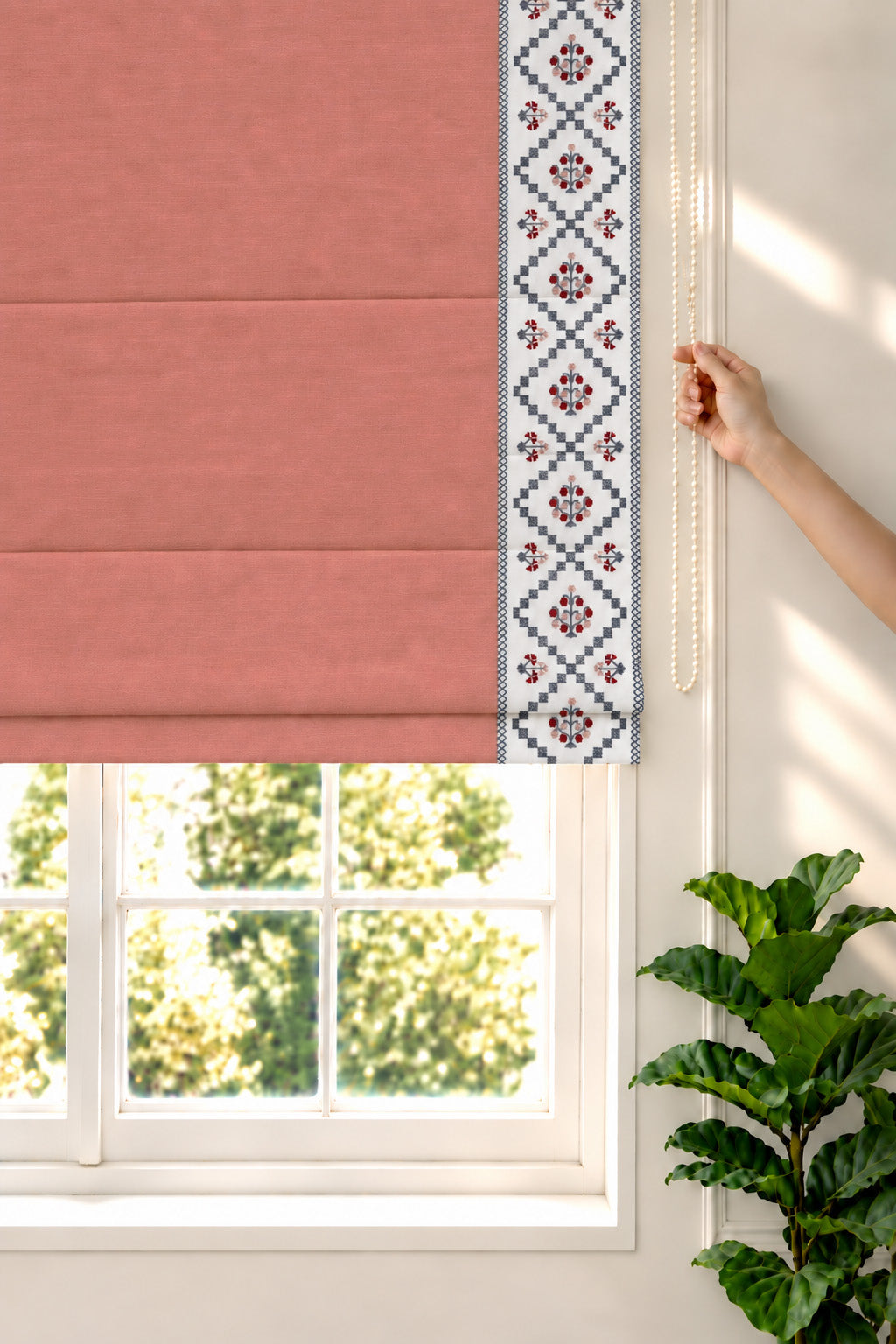 Ketaki Rust Blue & Pink Geometric 100% Cotton Embroidered Blind For Livingroom / Bedroom | Room Darkening