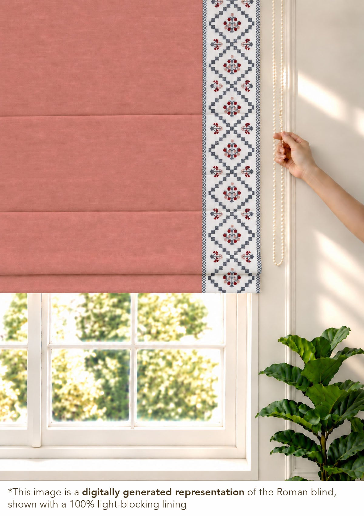 Ketaki Rust Blue & Pink Geometric 100% Cotton Embroidered Blind For Livingroom / Bedroom | Room Darkening