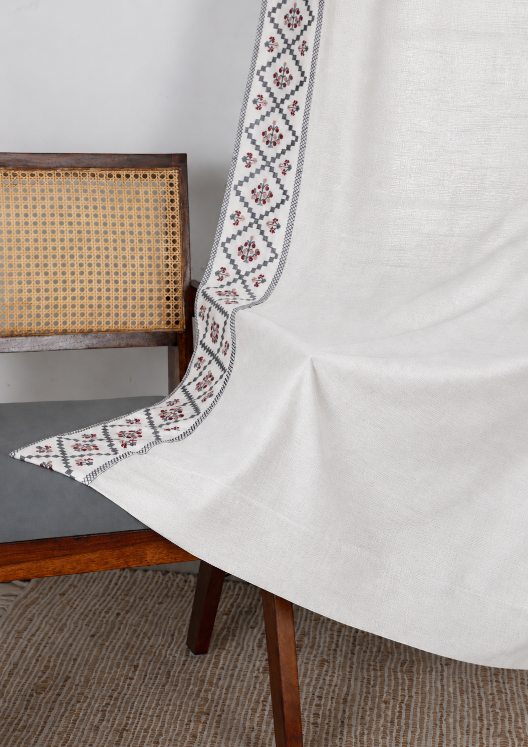 Ketaki White & Blue Geometric 100% Cotton Embroidered Curtain For Livingroom / Bedroom | Light Reduction | Single Piece