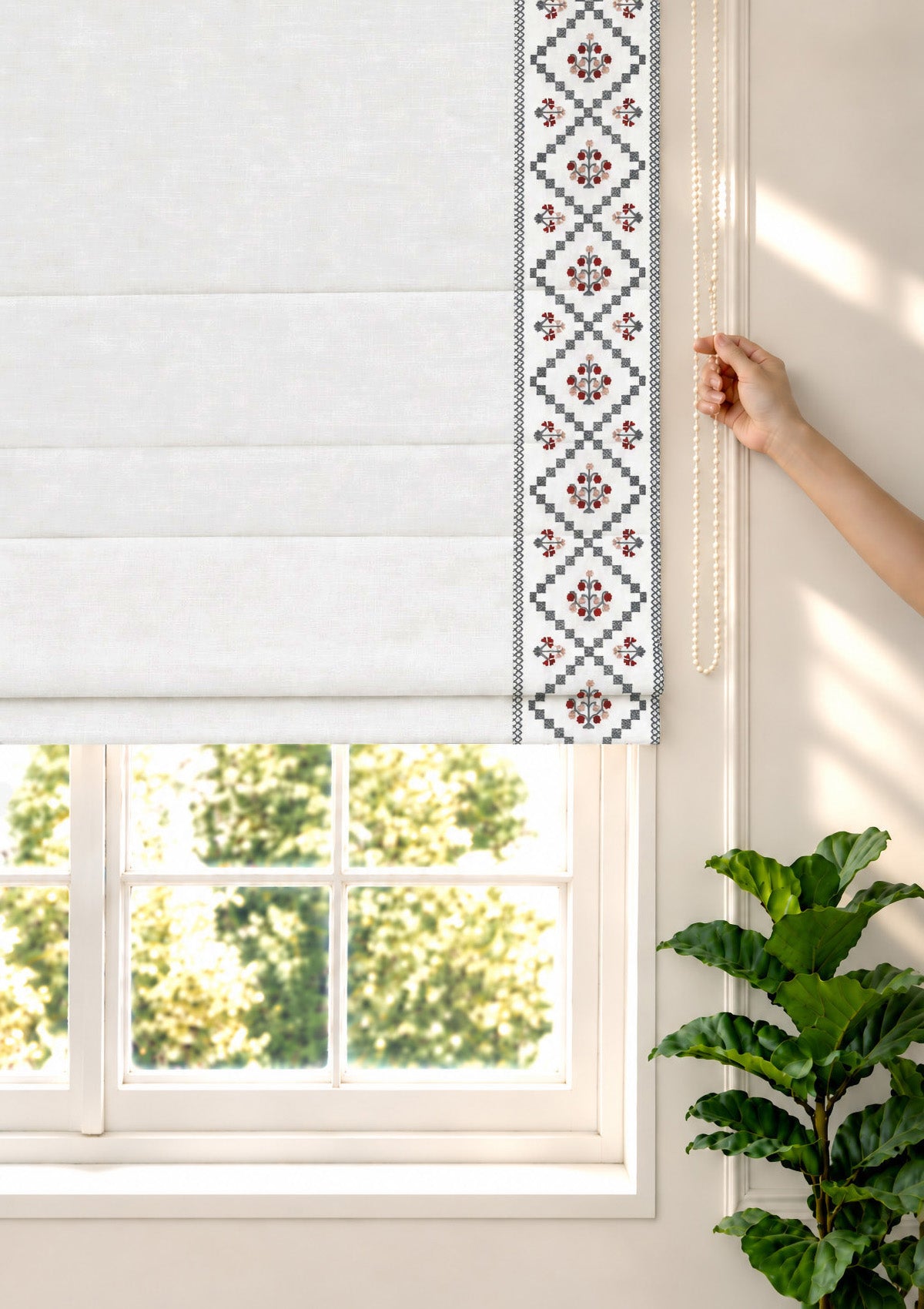 Ketaki White & Blue Geometric 100% Cotton Embroidered Blind For Livingroom / Bedroom | Light Reduction