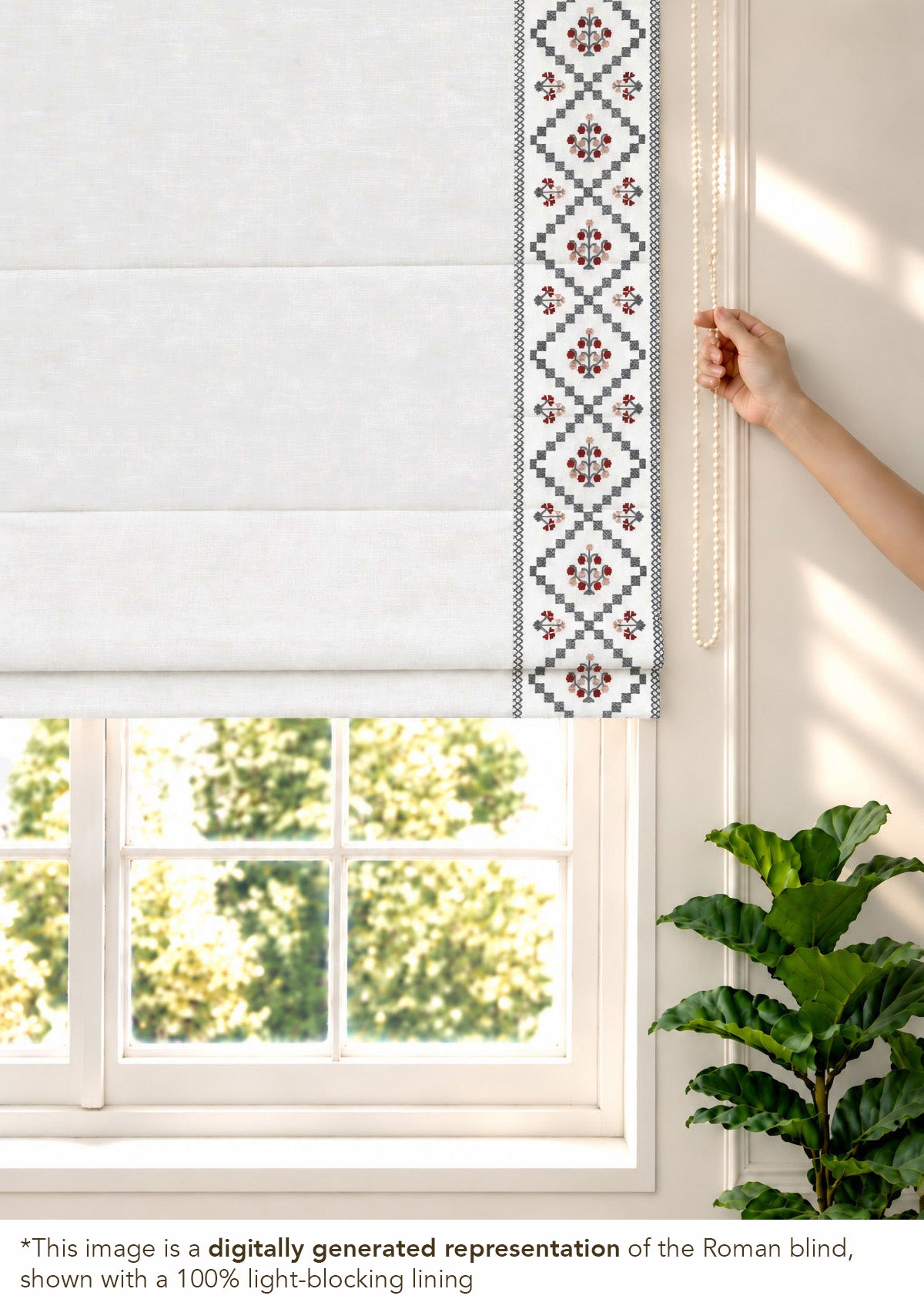 Ketaki White & Blue Geometric 100% Cotton Embroidered Blind For Livingroom / Bedroom | Light Reduction