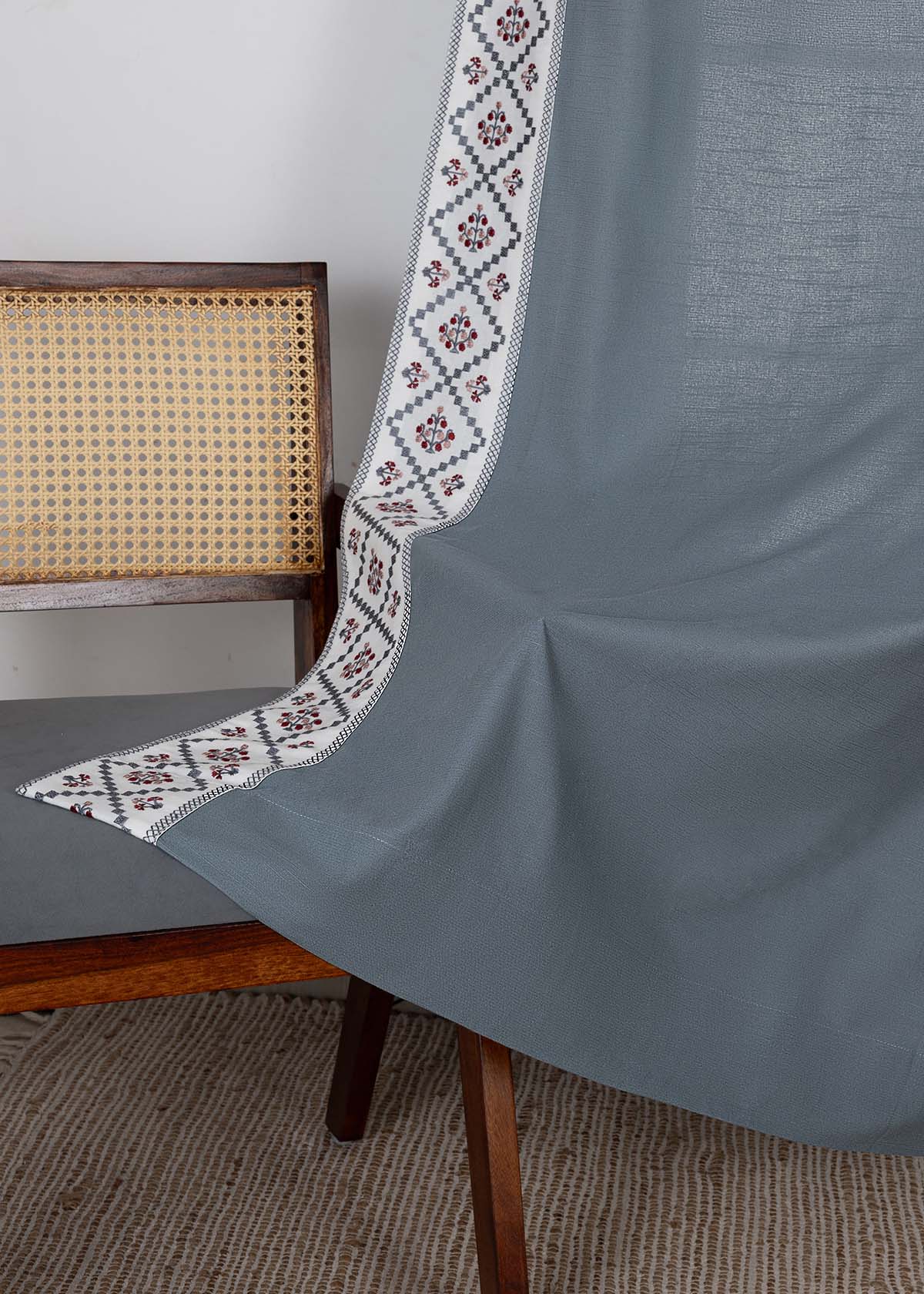 Ketaki Mist Blue & Pink Geometric 100% Cotton Embroidered Curtain For Livingroom / Bedroom | Room Darkening | Single Piece