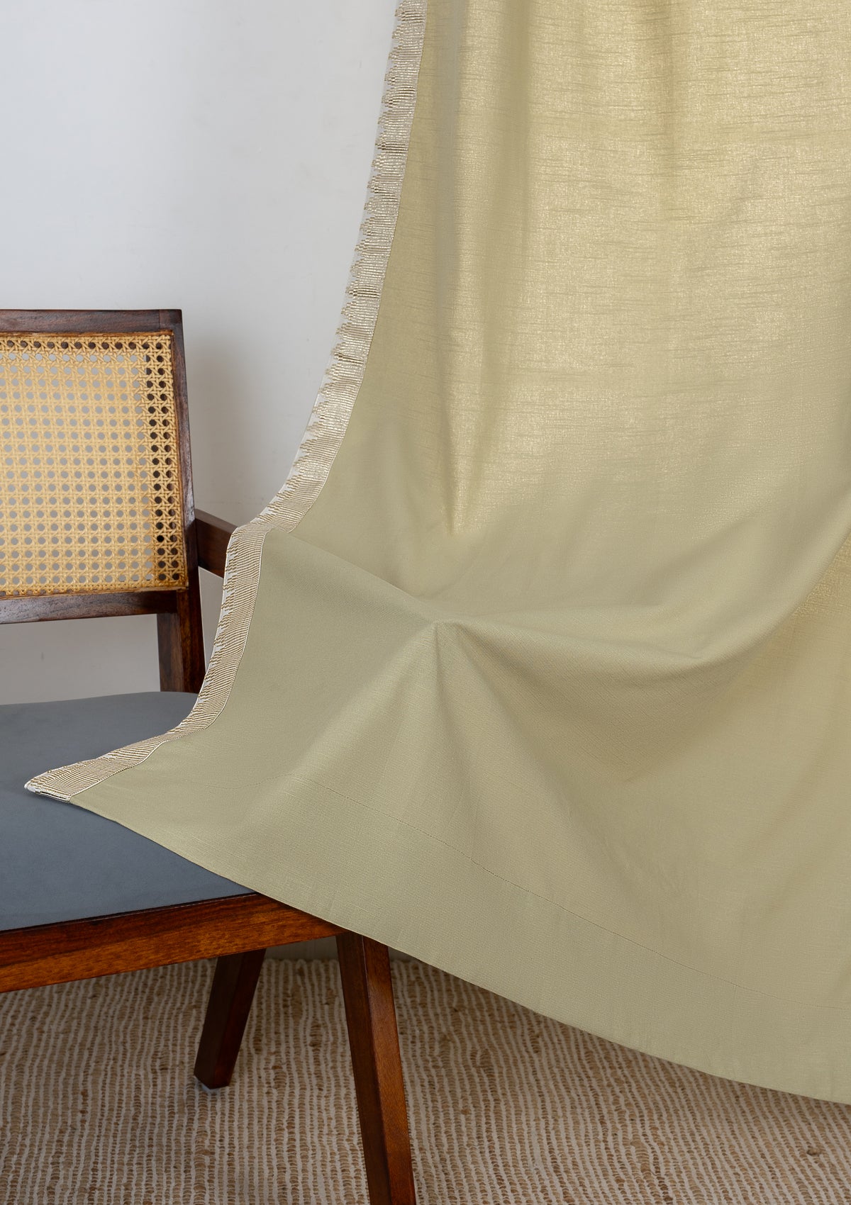 Kinari Herb Green & Gold Ethnic 100% Cotton Textured Curtain For Livingroom / Bedroom | Room Darkening | Single Piece