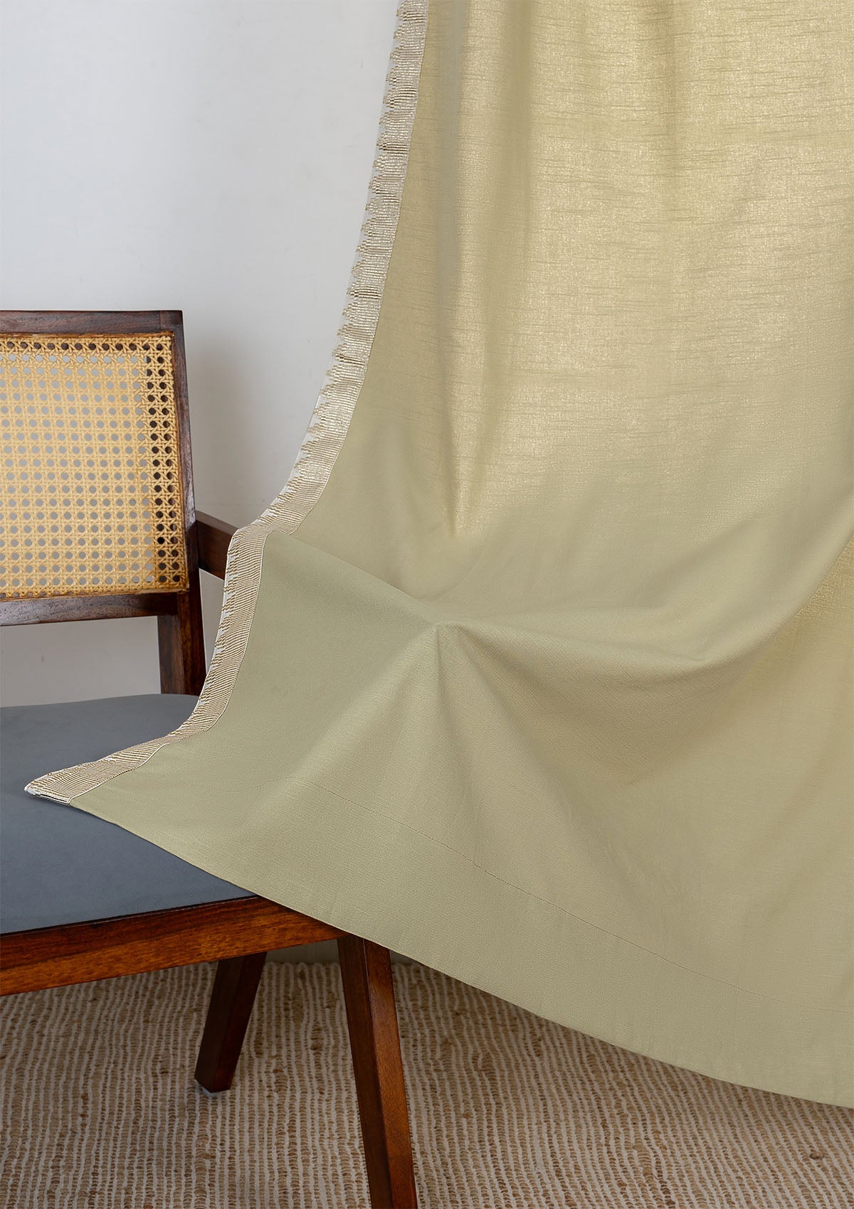 Kinari Herb Green & Gold Ethnic 100% Cotton Textured Curtain For Livingroom / Bedroom | Room Darkening | Single Piece