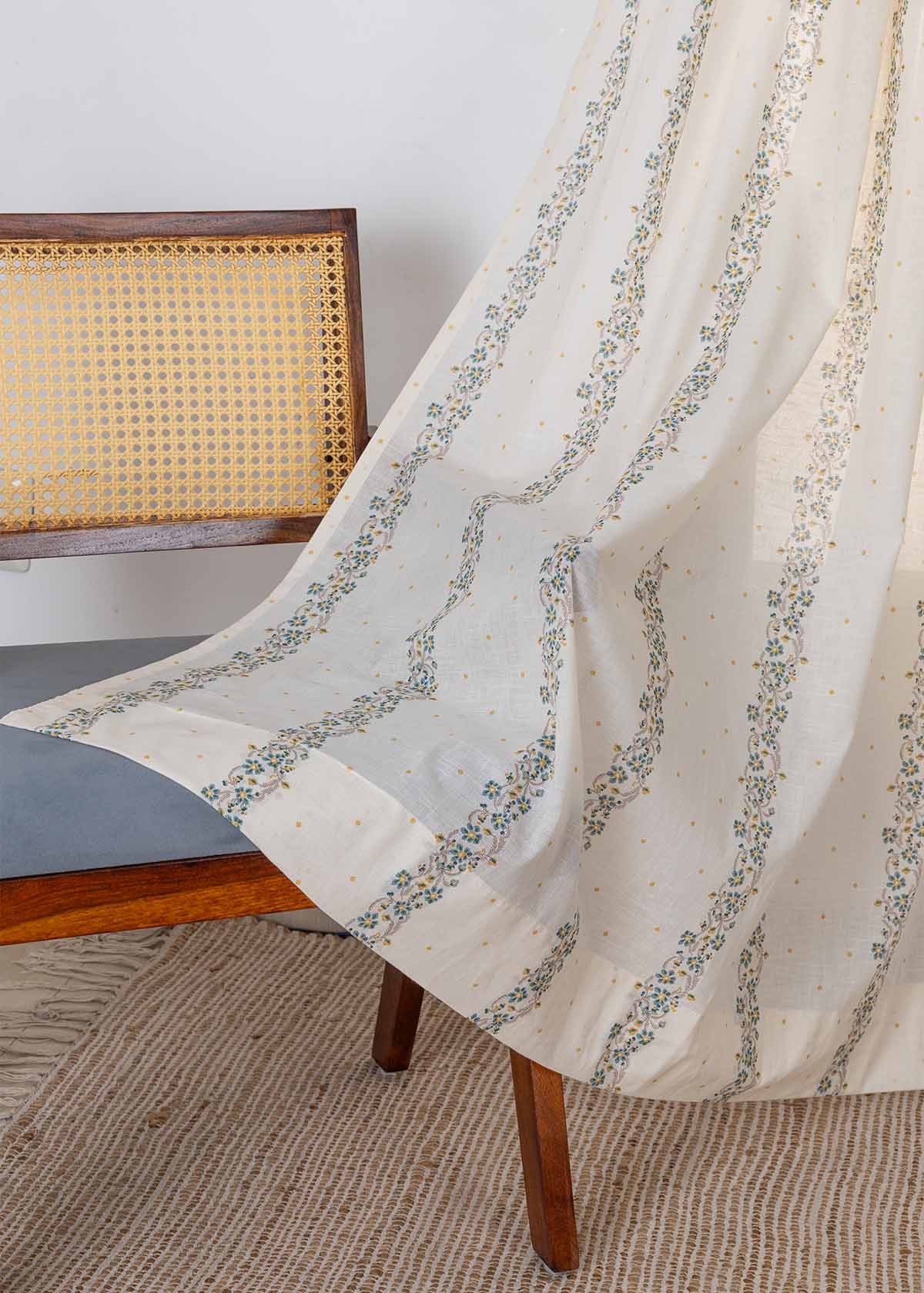 Kodi Teal Floral 100% Cotton Sheer Printed Curtain For Livingroom / Bedroom | Light Filtering | Single Piece