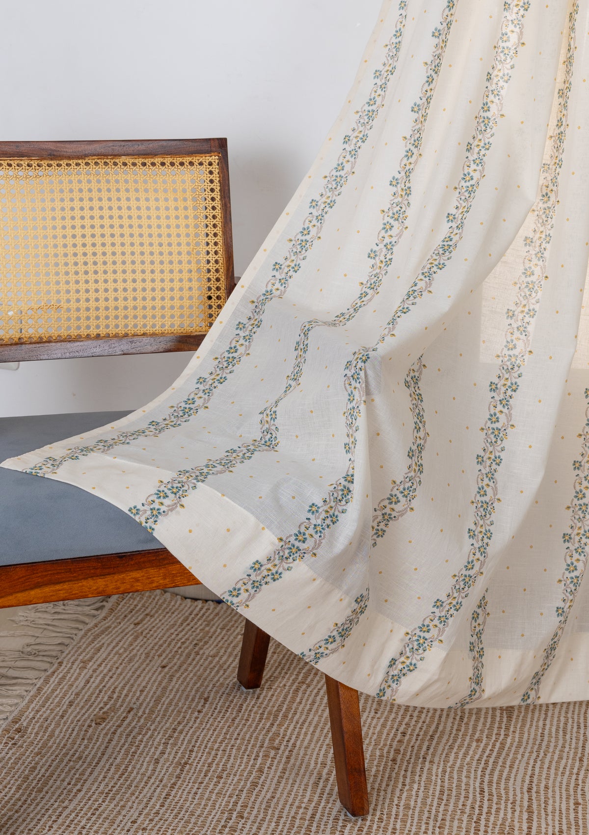 Kodi Teal Floral 100% Cotton Sheer Printed Curtain For Livingroom / Bedroom | Light Filtering | Single Piece