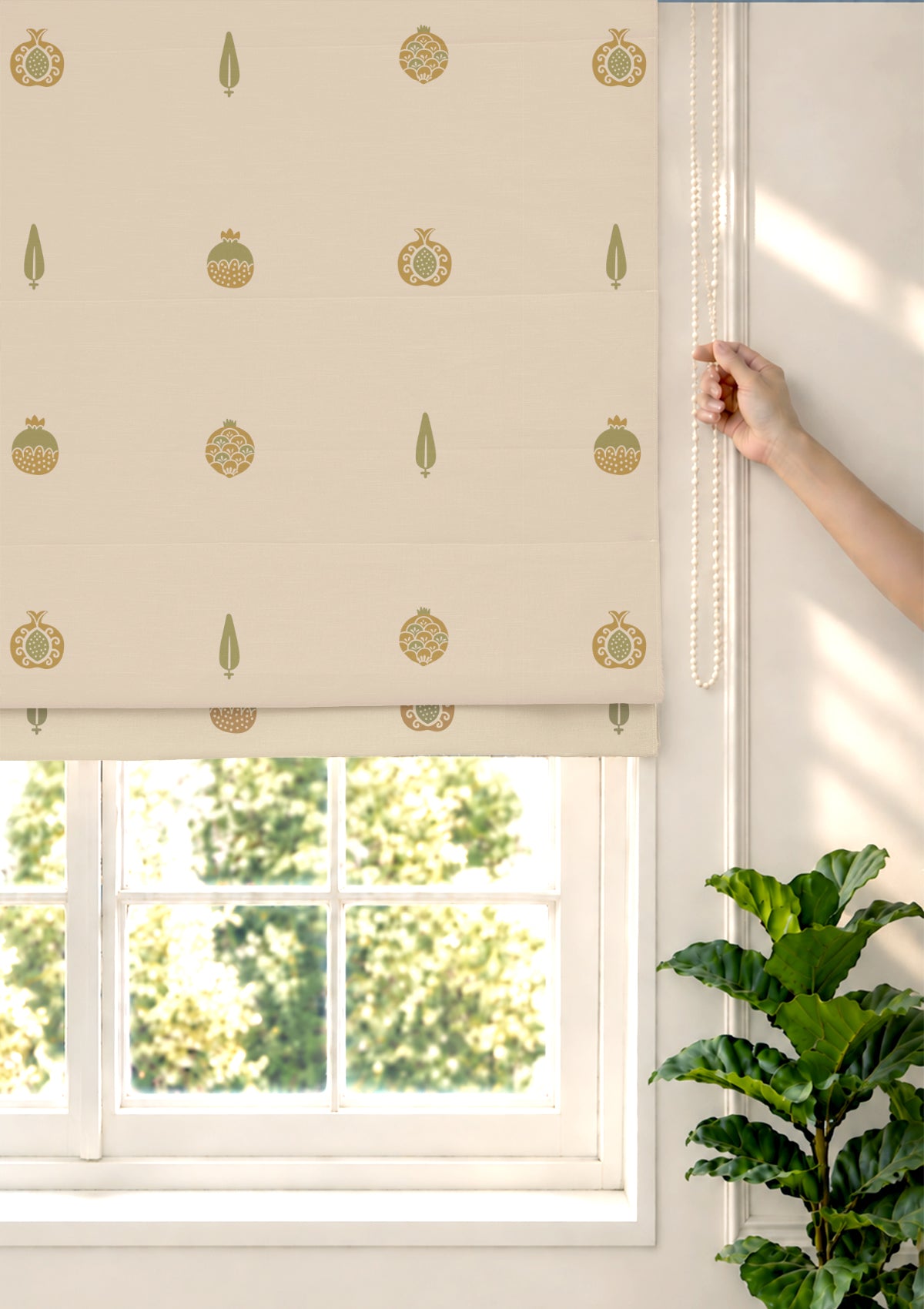 Madhuram Green & Beige Ethnic 100% Cotton Sheer Printed Blind For Livingroom / Bedroom | Light Filtering