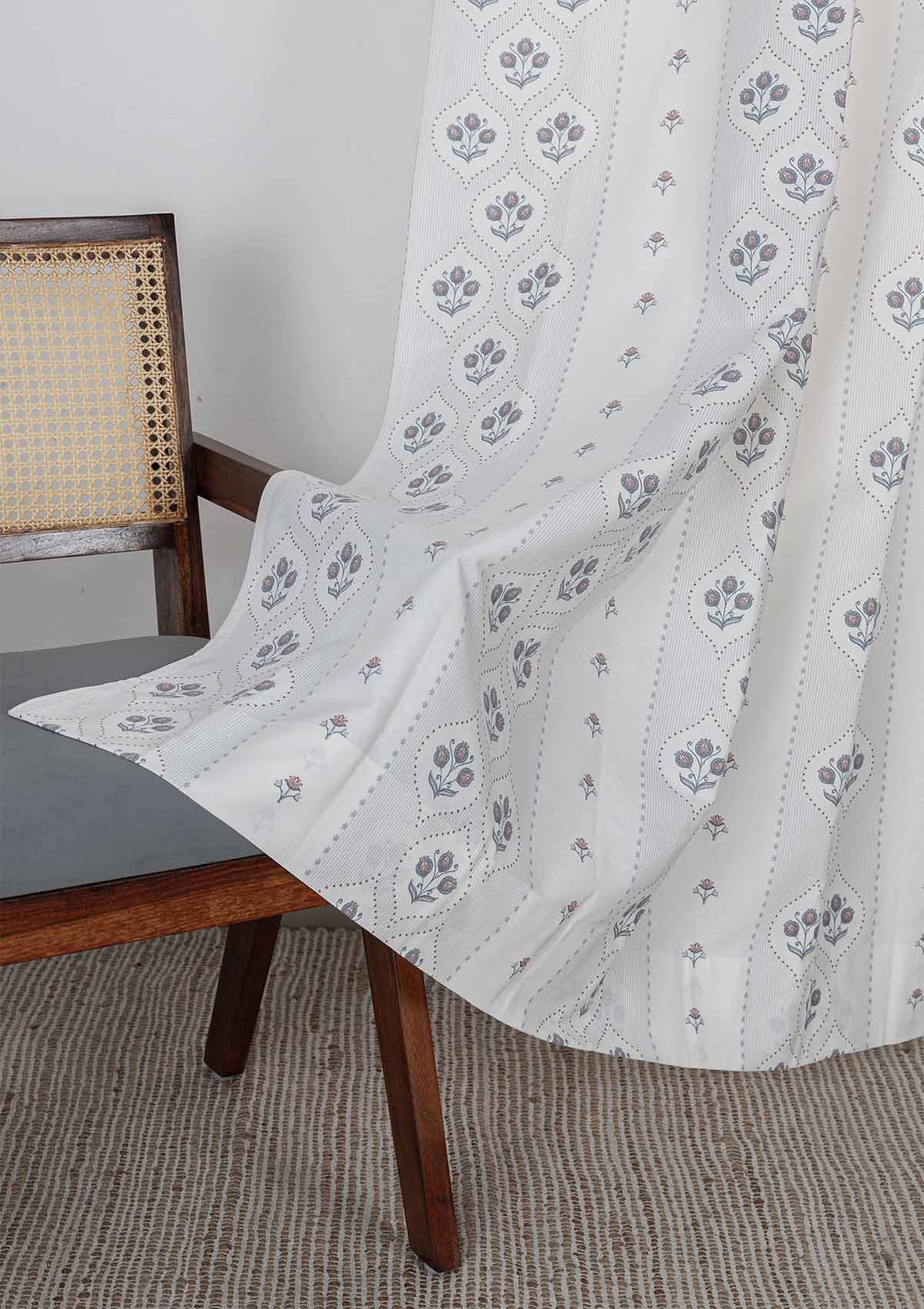 Meher Blue Floral 100% Cotton Printed Curtain For Livingroom / Bedroom | Light Reduction | Single Piece