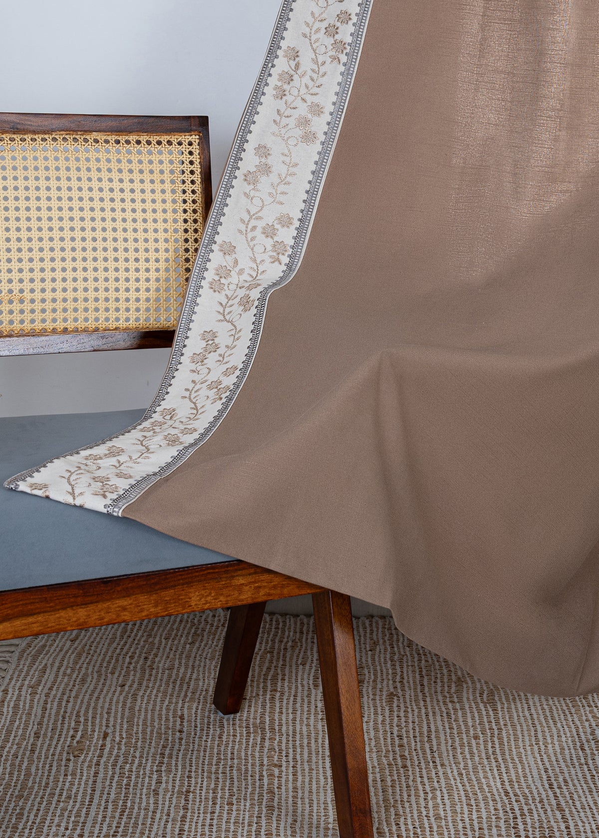 Mogra Chocolate Brown & Grey Floral 100% Cotton Embroidered Curtain For Livingroom / Bedroom | Room Darkening | Single Piece
